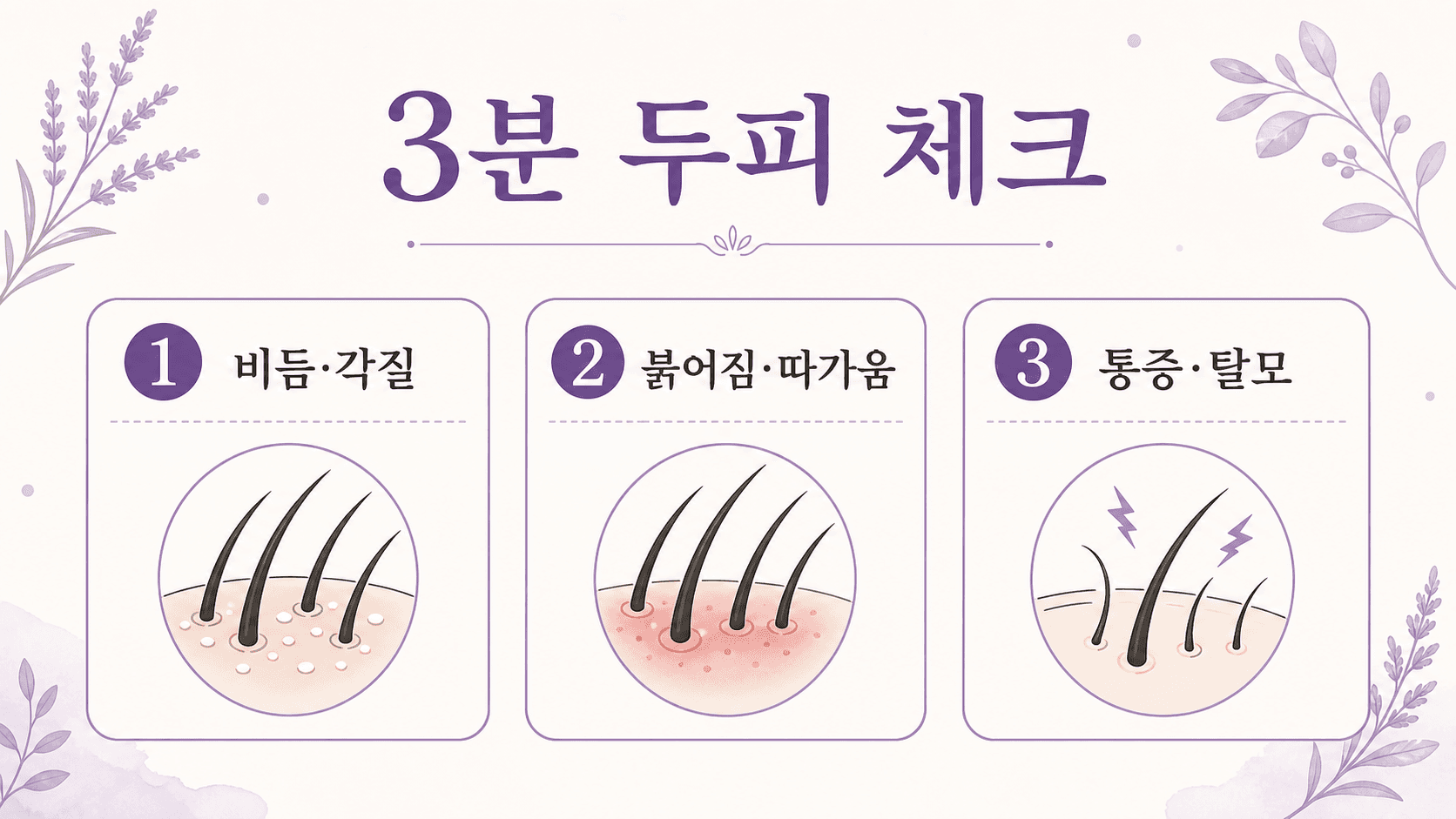 두피 가려움에서 비듬과 각질, 붉어짐과 따가움, 통증과 탈모를 나누는 3분 체크 이미지