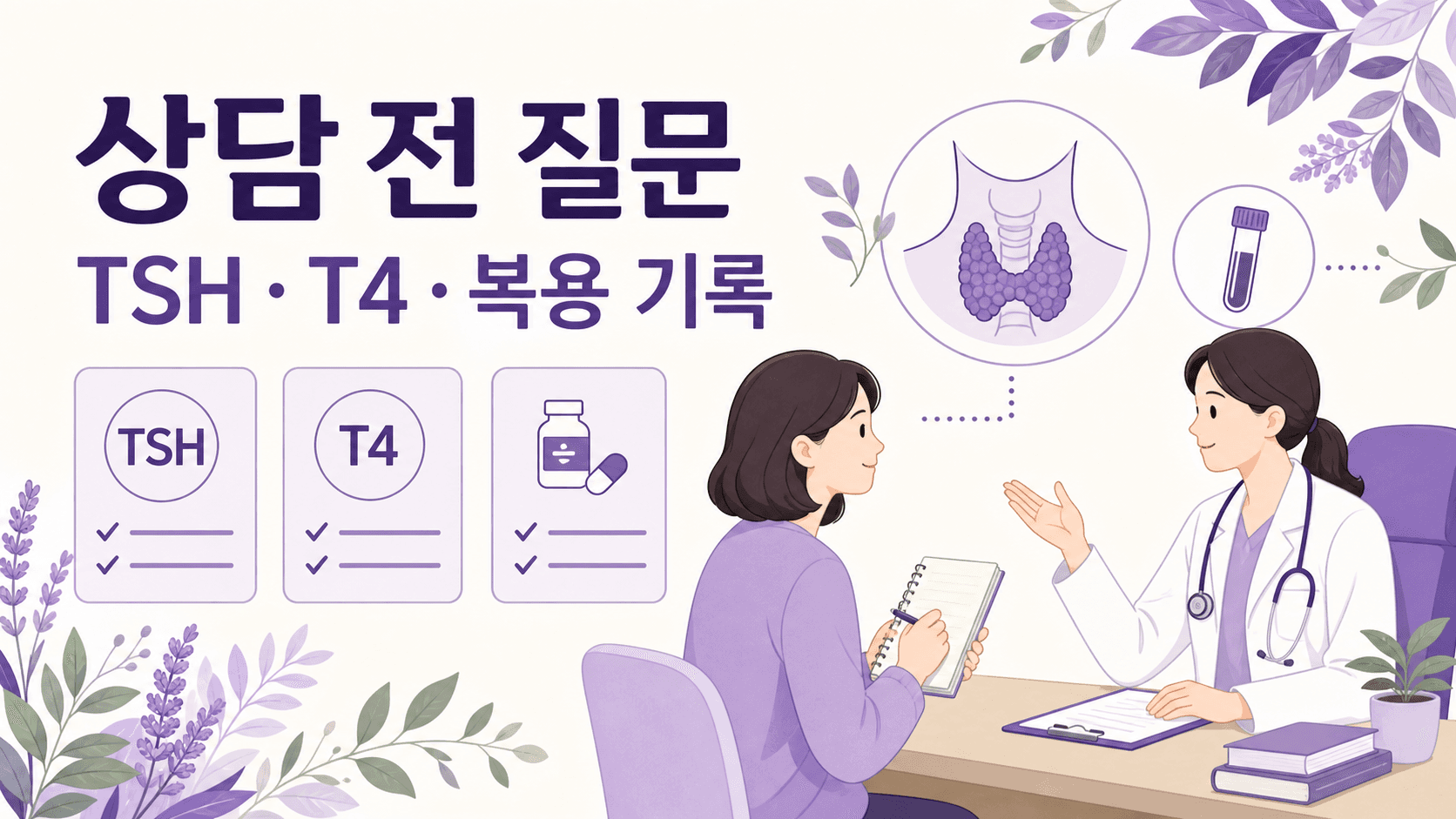 갑상선 상담 전 TSH, T4, 복용 기록을 질문으로 정리하는 이미지