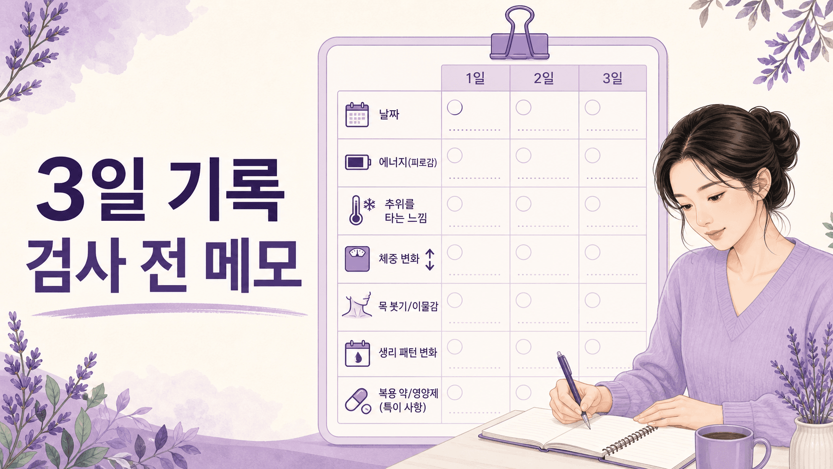 갑상선 검사 전 3일 동안 피로, 추위, 체중 변화, 목 변화, 생리 패턴, 복용 약과 영양제를 적는 기록 이미지