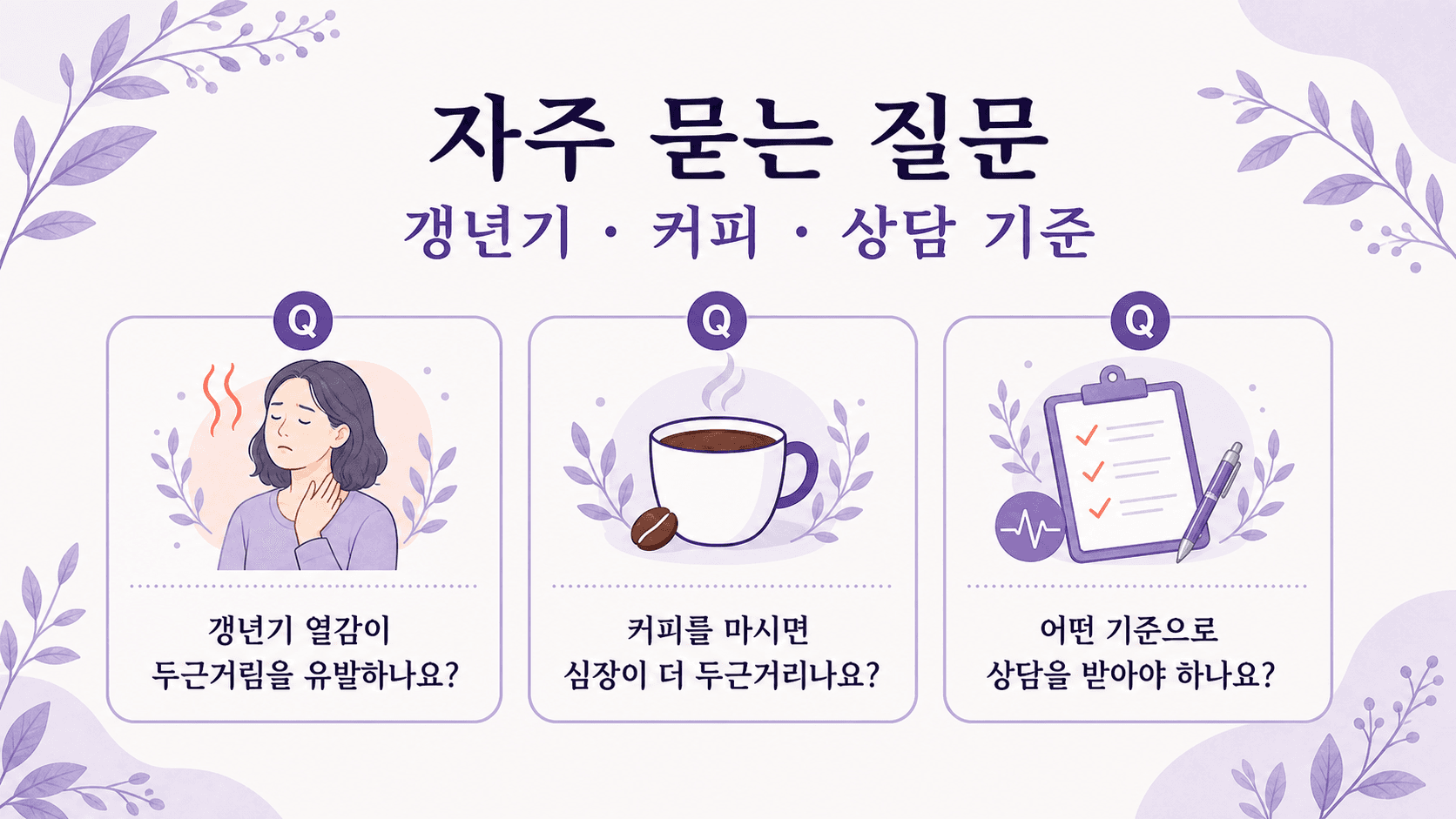 갱년기 열감, 커피, 상담 기준에 대한 자주 묻는 질문을 정리한 이미지