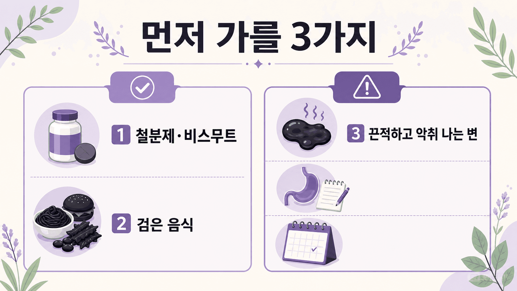 철분제, 검은 음식, 검고 끈적한 변을 나누어 보여주는 검은 변 3분 체크 이미지