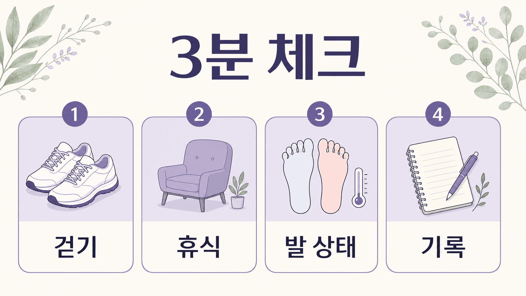 걸을 때 종아리 통증에서 걷기, 휴식, 발 상태, 기록을 3분 안에 나누는 체크 이미지