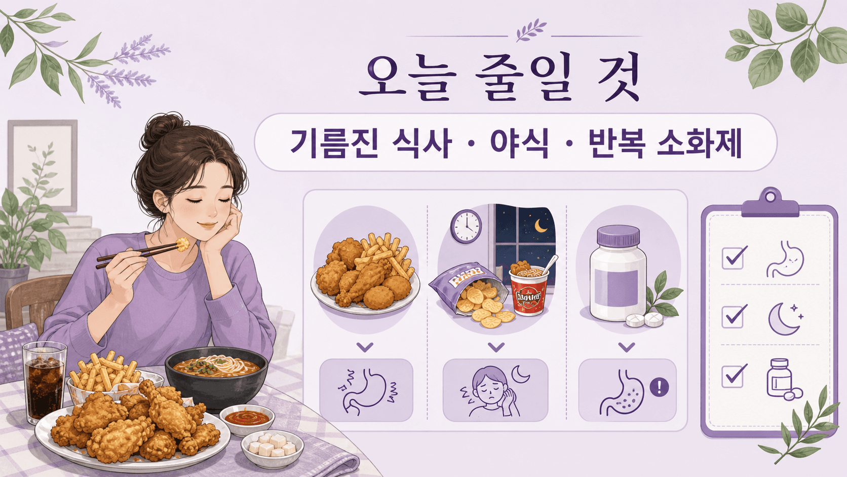 식후 오른쪽 윗배 통증이 반복될 때 오늘 줄일 기름진 식사, 야식, 반복 소화제를 보여주는 이미지