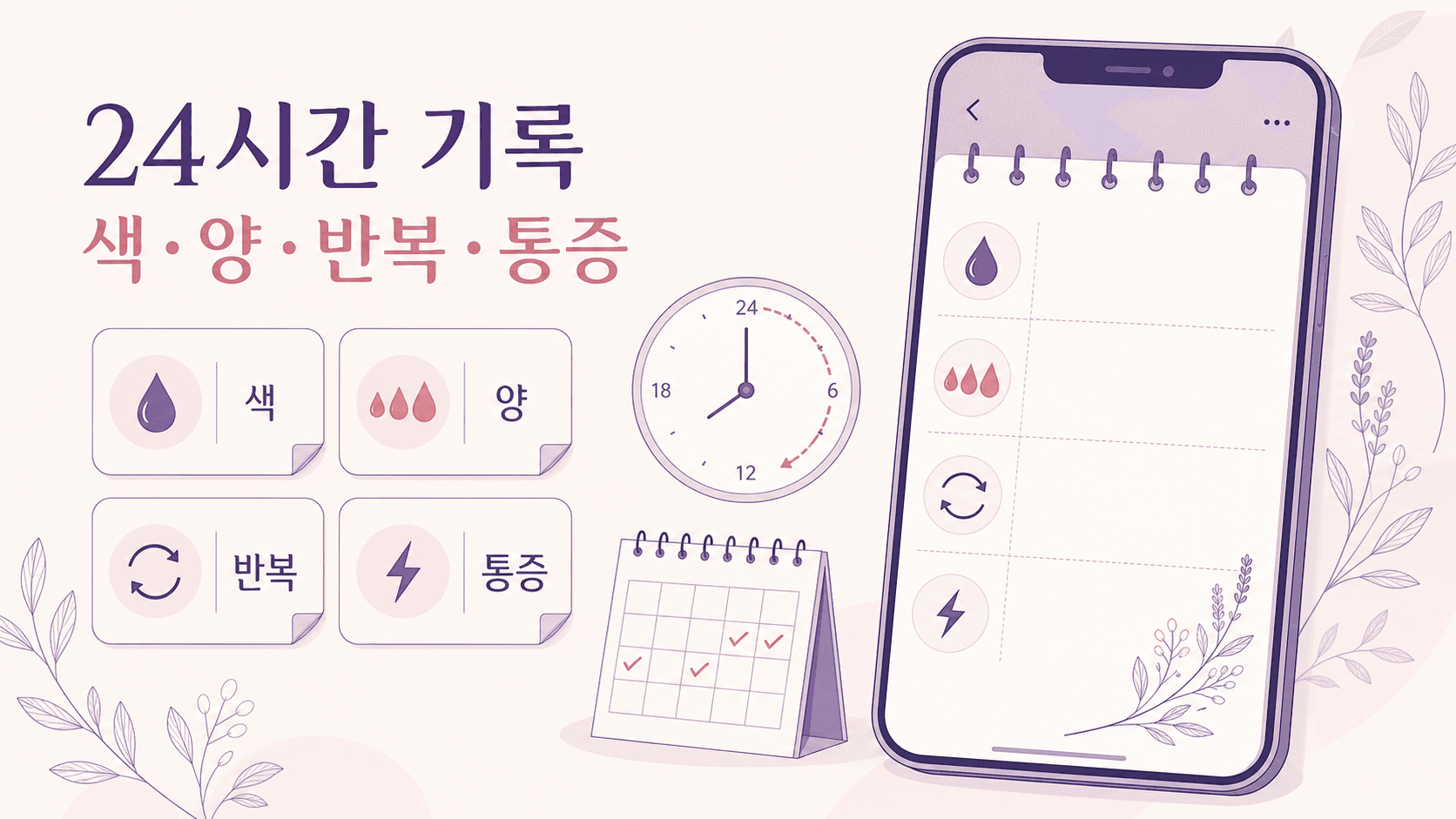 관계 후 소량 출혈을 24시간 동안 색, 양, 반복, 통증으로 기록하는 이미지