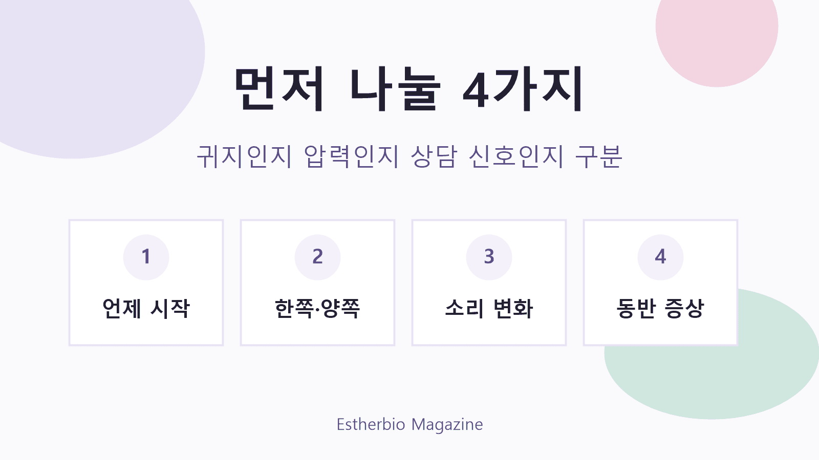 귀 먹먹함을 청력 변화, 한쪽 증상, 통증과 분비물, 어지럼으로 나눠 보는 기준 이미지