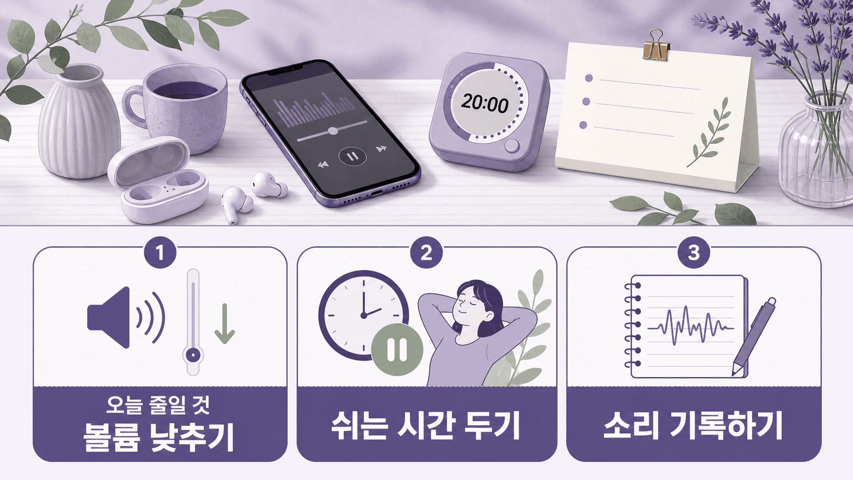 귀에서 삐 소리가 반복될 때 오늘 줄일 행동으로 볼륨 낮추기, 쉬는 시간 두기, 소리 기록하기를 보여주는 이미지