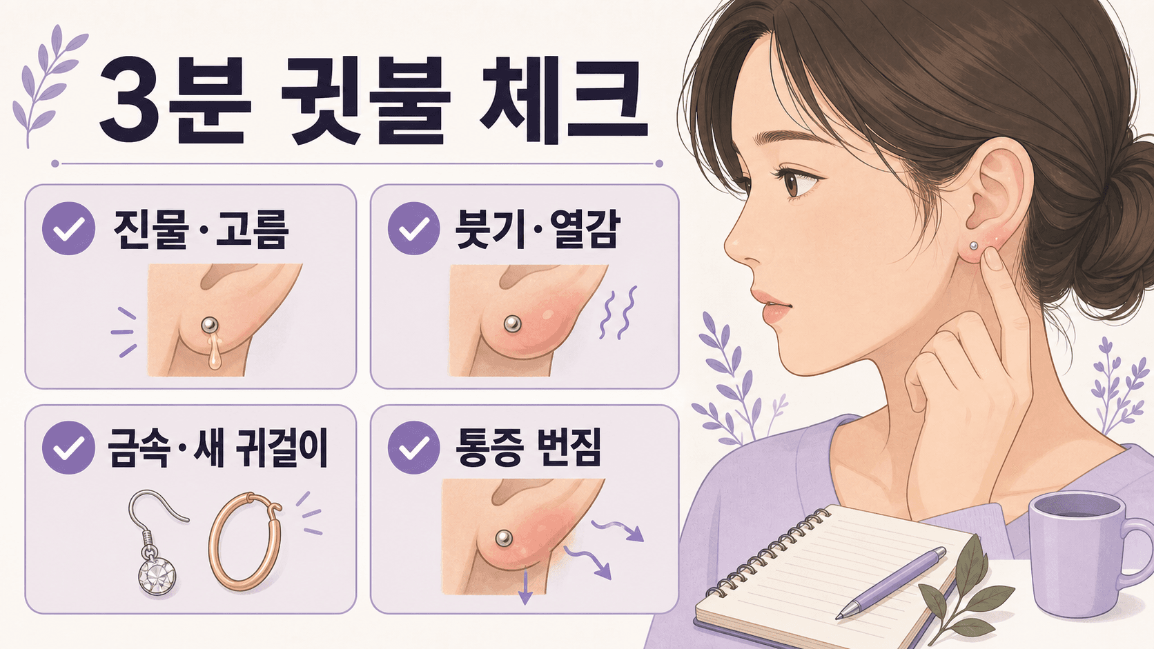 귀걸이 뒤 귓불 진물에서 진물, 고름, 붓기, 열감, 금속 단서를 나누는 3분 체크 이미지