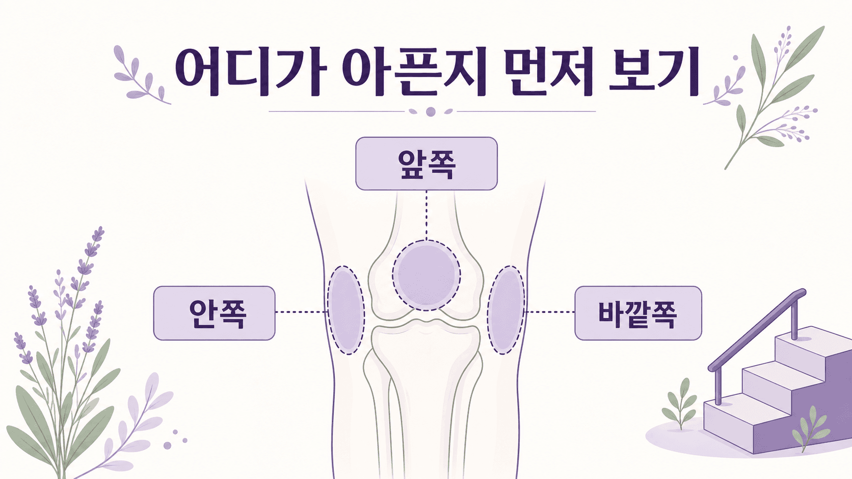 계단을 내려갈 때 무릎 앞쪽, 안쪽, 바깥쪽 통증 위치를 나누는 보라색 인포그래픽