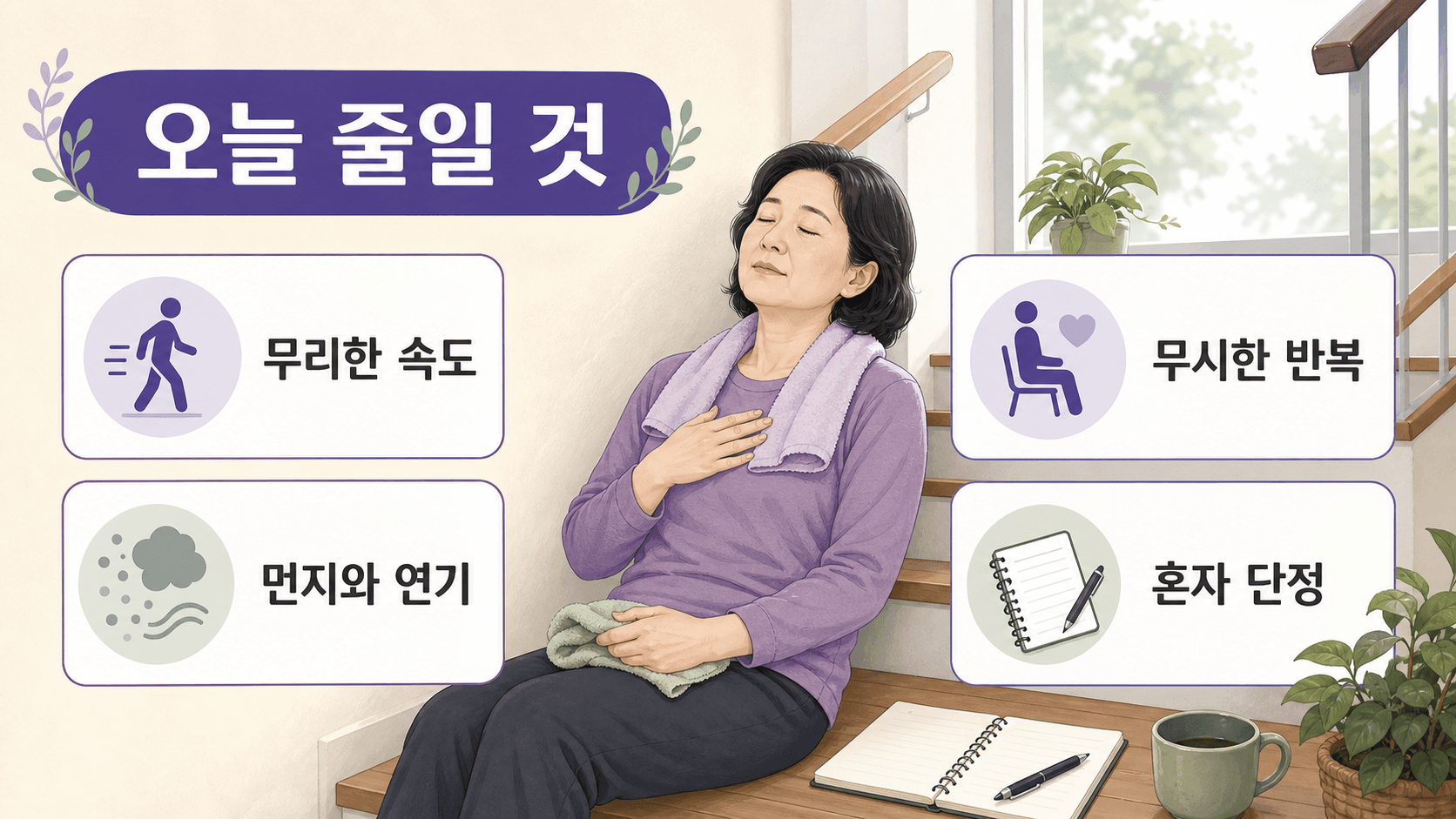 계단 숨참이 있을 때 오늘 줄일 행동을 정리한 이미지