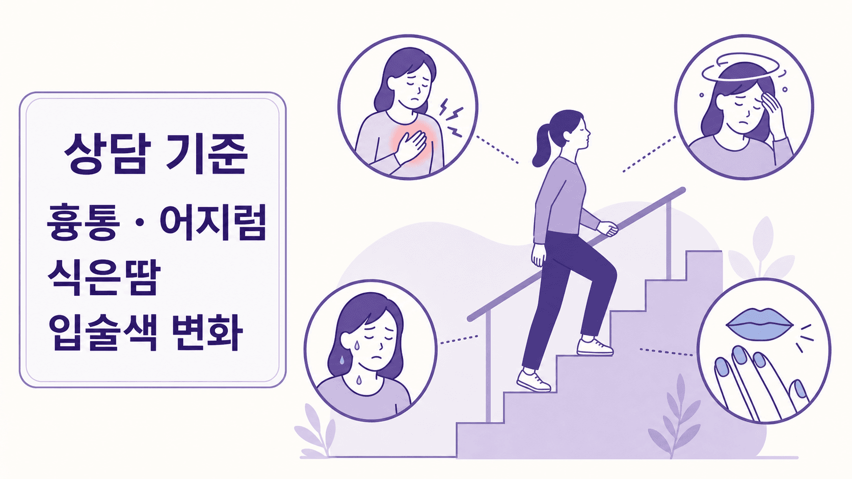 계단 숨참과 함께 흉통, 어지럼, 식은땀, 입술색 변화가 있을 때 상담 기준으로 보는 이미지