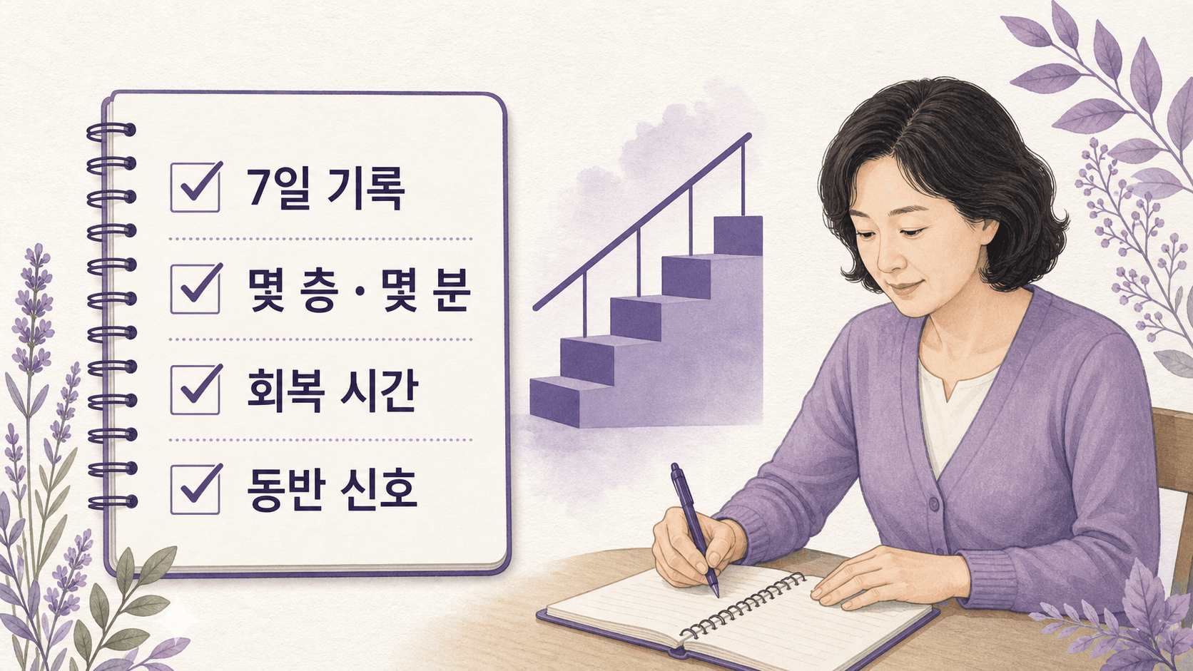 계단 숨참을 7일 동안 몇 층, 몇 분, 회복 시간, 동반 신호로 적는 기록표 이미지