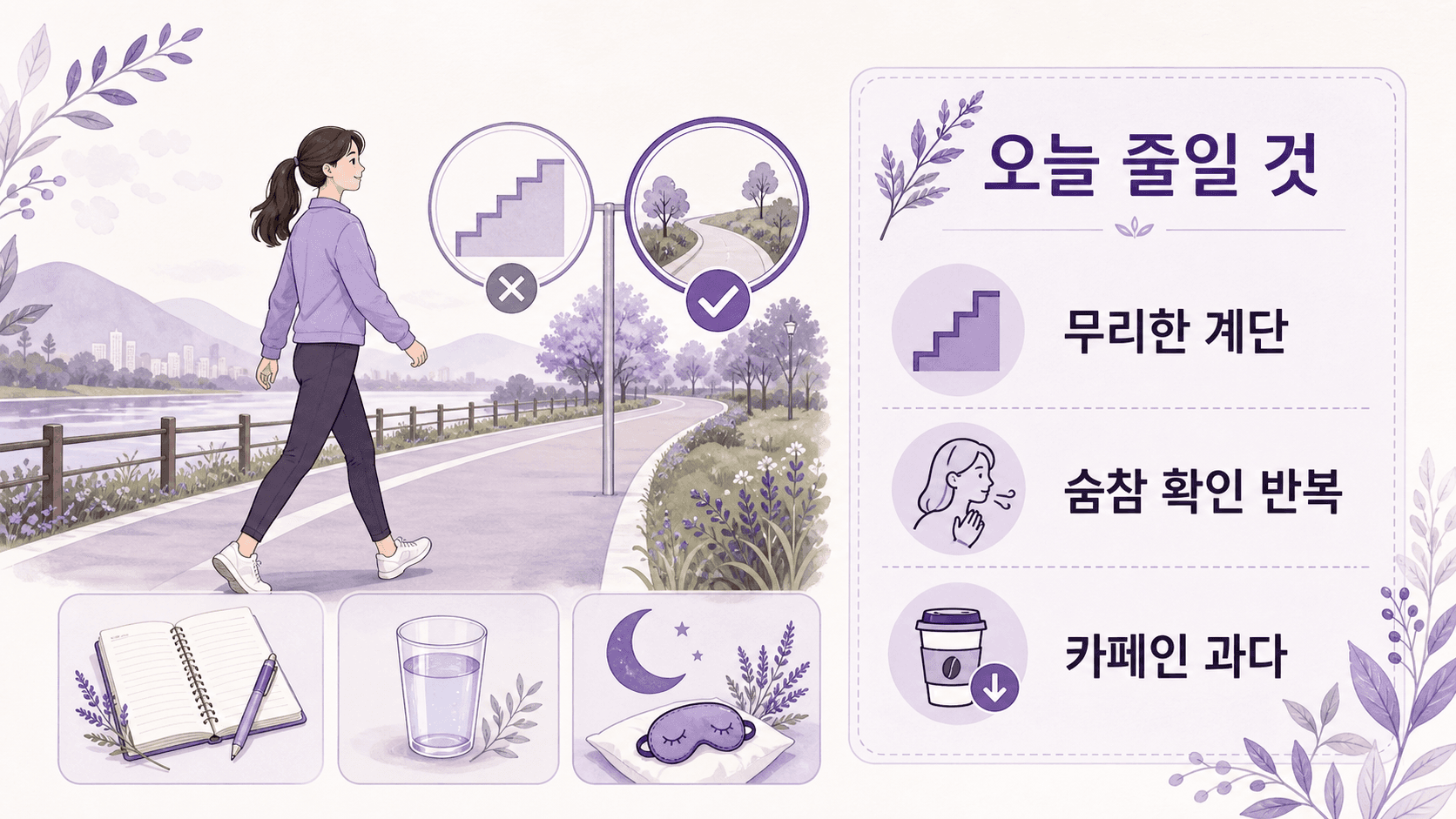 계단 숨참이 있을 때 무리한 계단 운동, 숨참 확인 반복, 카페인 과다를 줄이는 행동 이미지