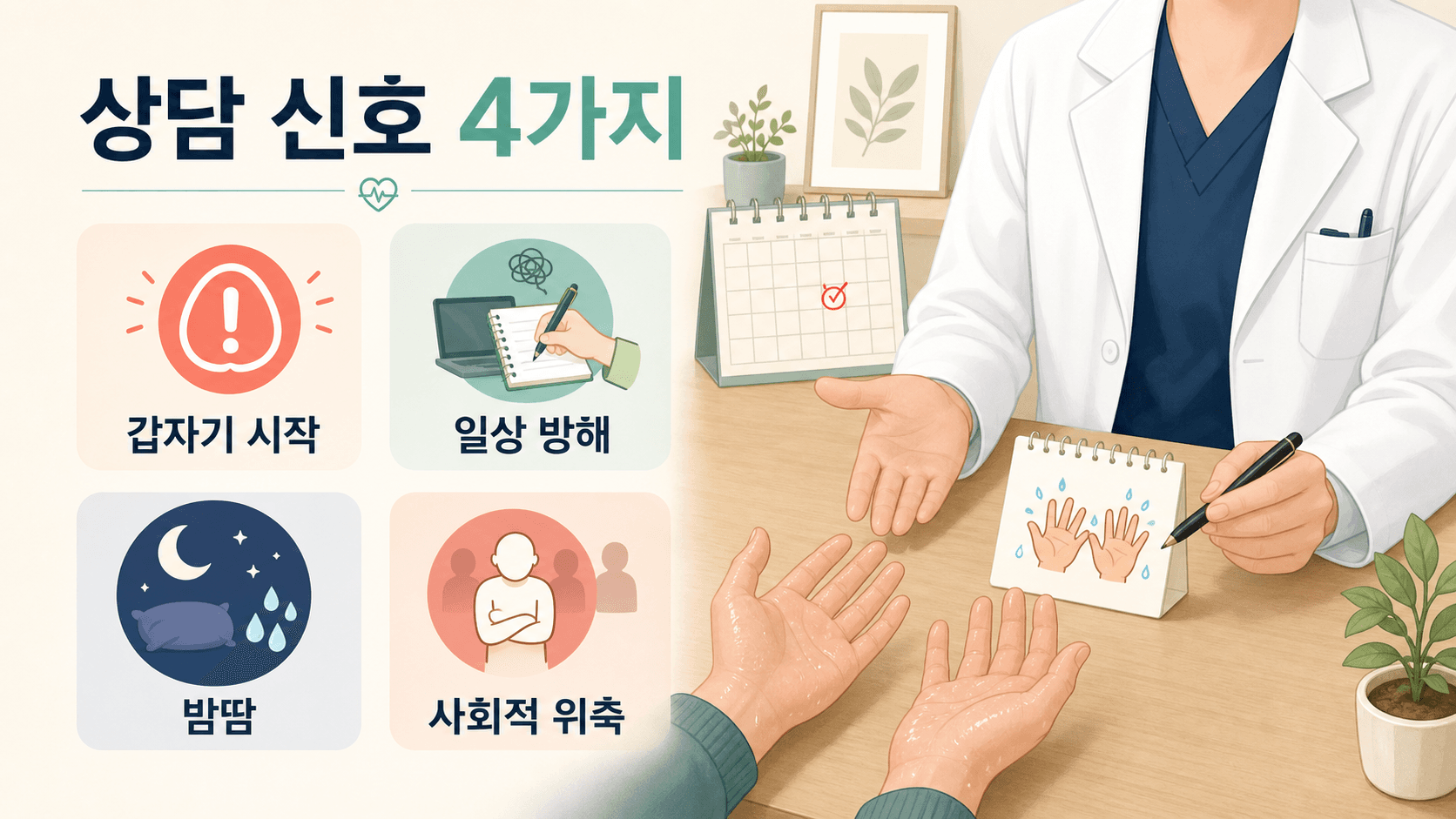 갑자기 시작, 일상 방해, 밤땀, 사회적 위축을 보여주는 상담 신호 이미지