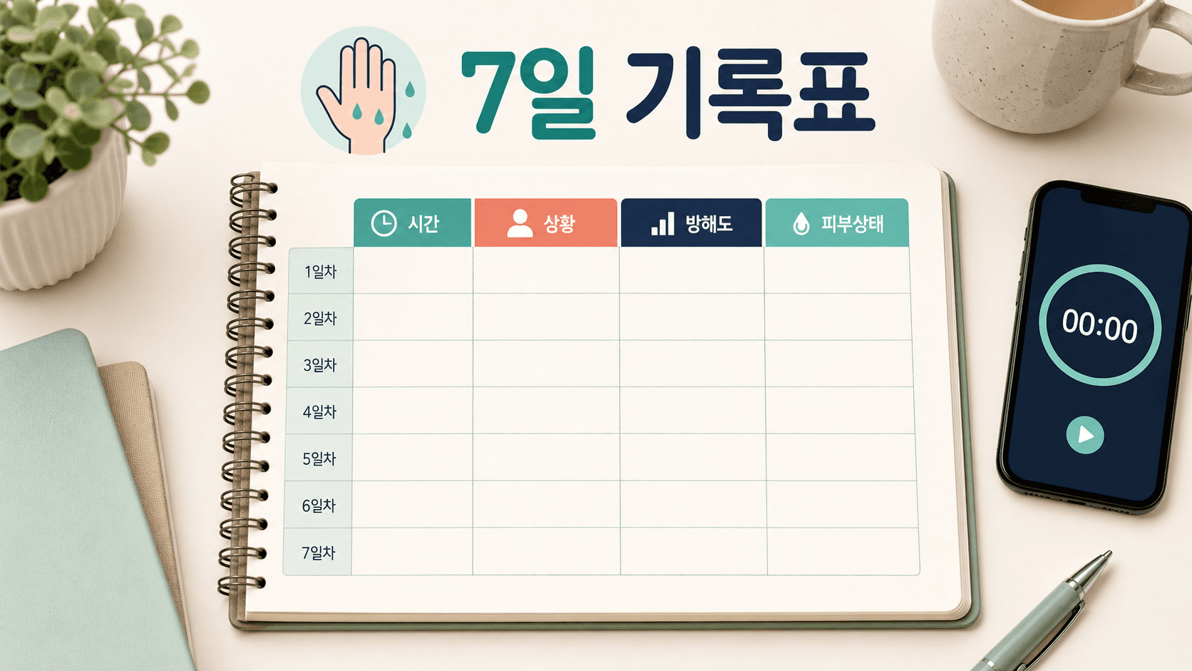 손바닥 땀을 시간, 상황, 방해도, 피부상태로 적는 7일 기록표 이미지