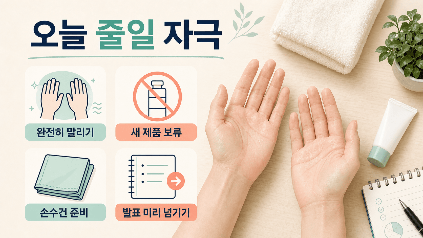 손바닥 땀 제품 전 완전히 말리기, 새 제품 보류, 손수건 준비를 정리한 이미지
