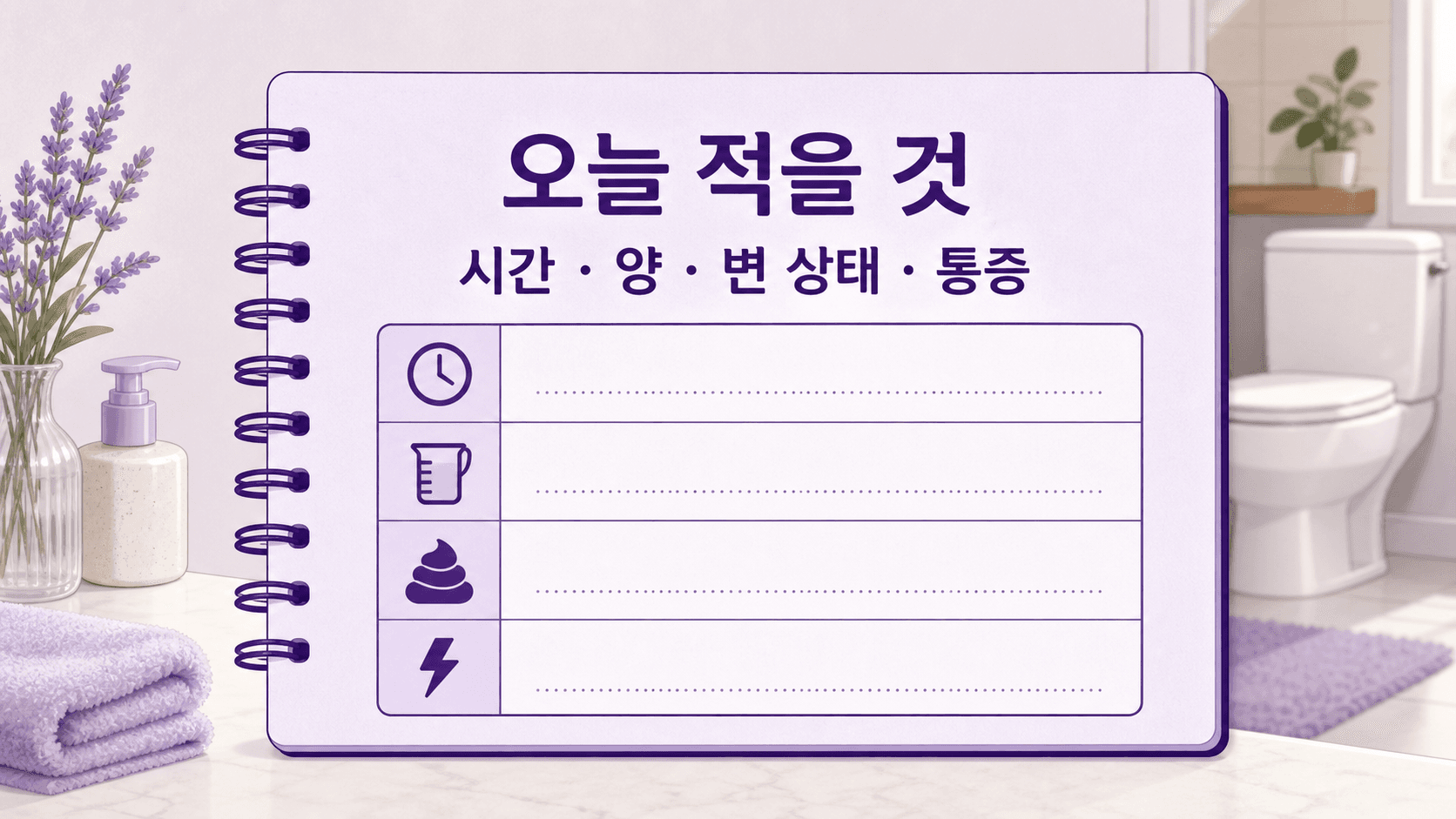 배변 뒤 피가 보일 때 변 상태와 힘주기, 오래 앉기 여부를 기록하는 이미지