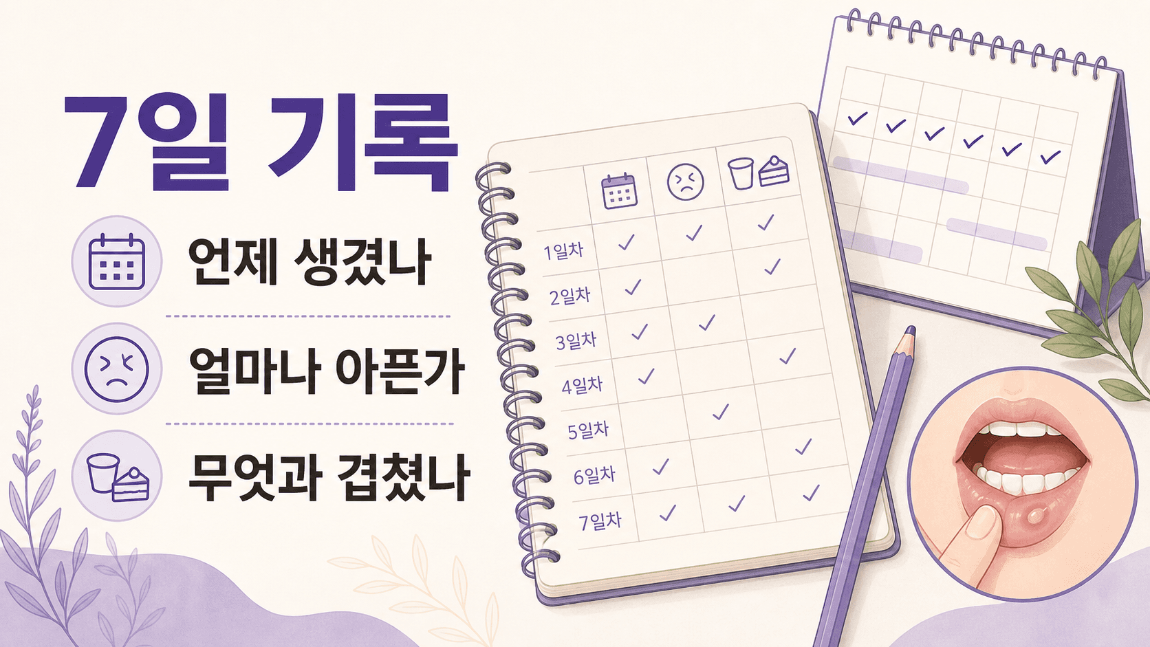 입안 헐음 7일 기록표와 통증, 음식, 날짜를 적는 이미지