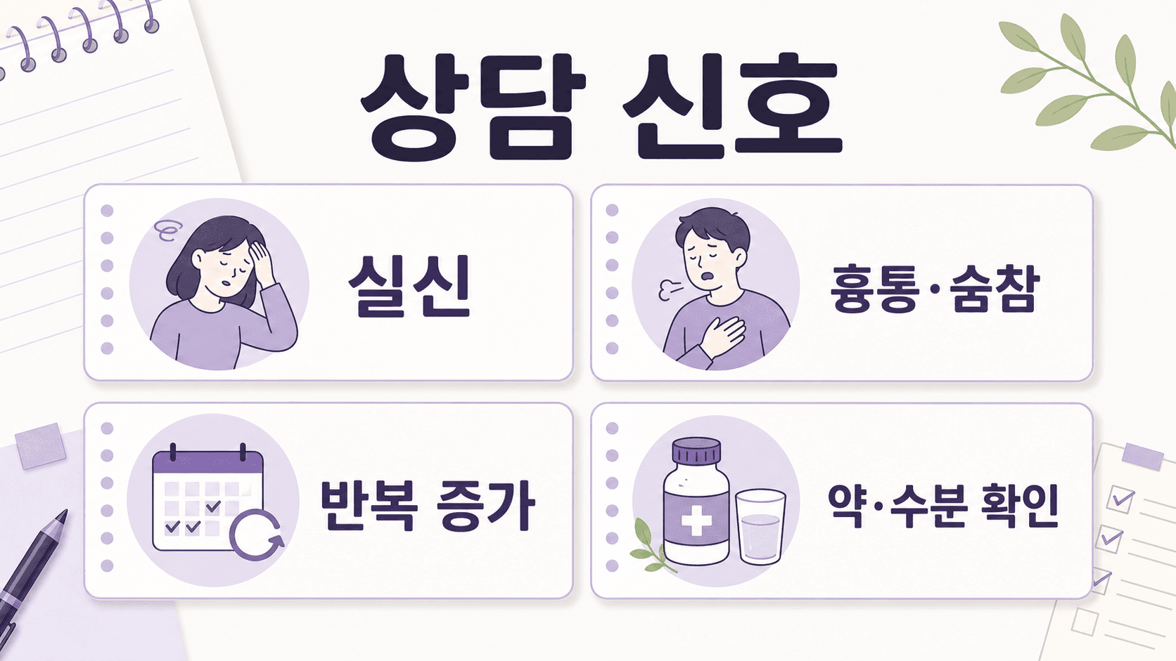 일어설 때 눈앞이 깜깜한 경우 상담 신호로 실신, 흉통과 숨참, 반복 증가, 약과 수분 확인을 보여주는 이미지