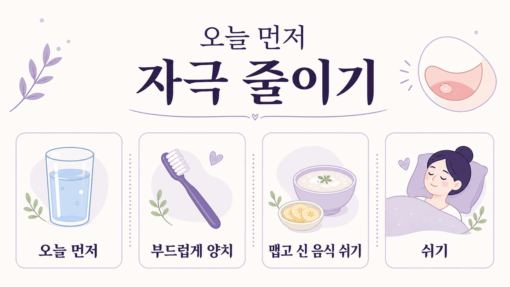 입안 헐었을 때 오늘 먼저 할 일로 자극 줄이기, 부드럽게 양치, 맵고 신 음식 쉬기를 보여주는 이미지