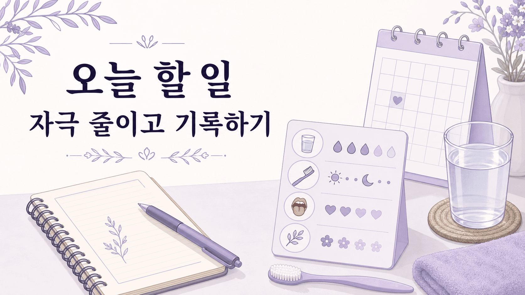입안이 헐었을 때 매운 음식, 강한 칫솔질, 건조함을 줄이고 날짜와 통증을 기록하는 이미지