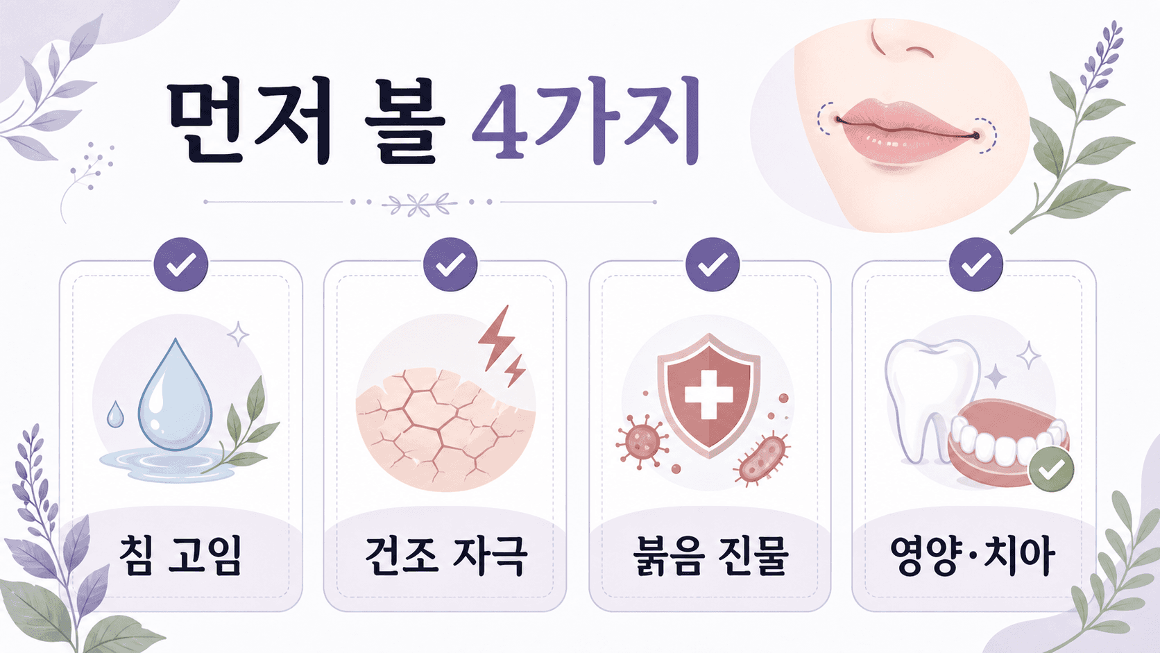 입꼬리 찢어짐을 침 고임, 건조 자극, 붉음 진물, 영양과 치아 4가지 기준으로 나누는 체크 이미지