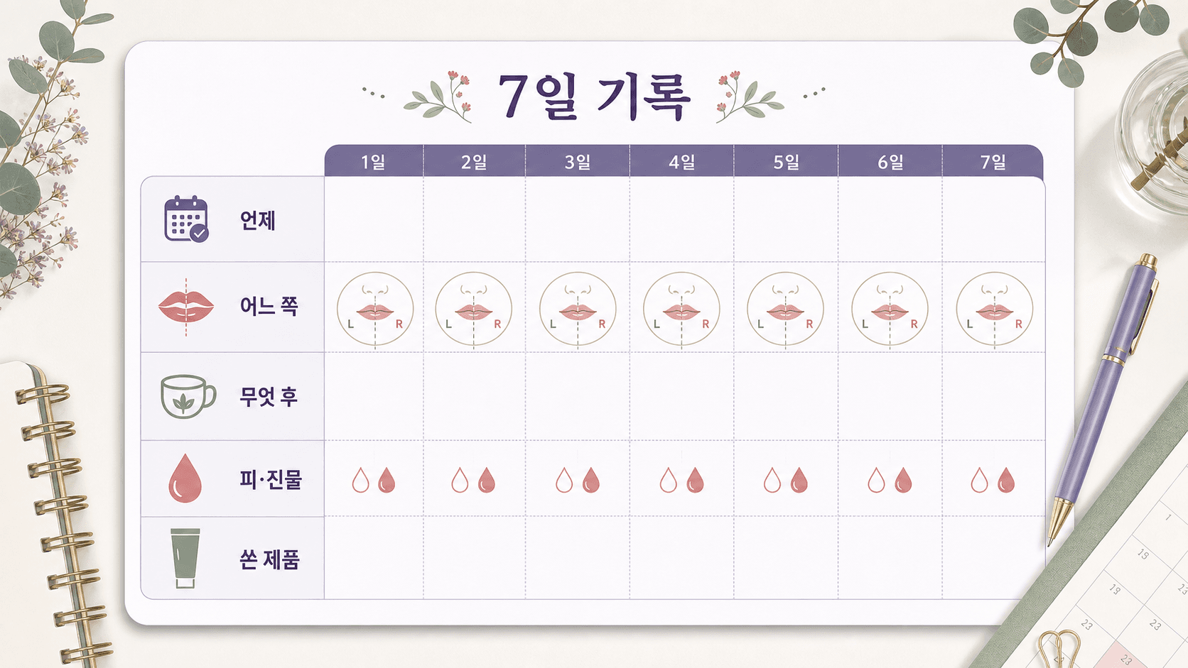 입꼬리 찢어짐 7일 기록표로 언제, 어느 쪽, 무엇 후, 피와 진물, 쓴 제품을 정리하는 이미지