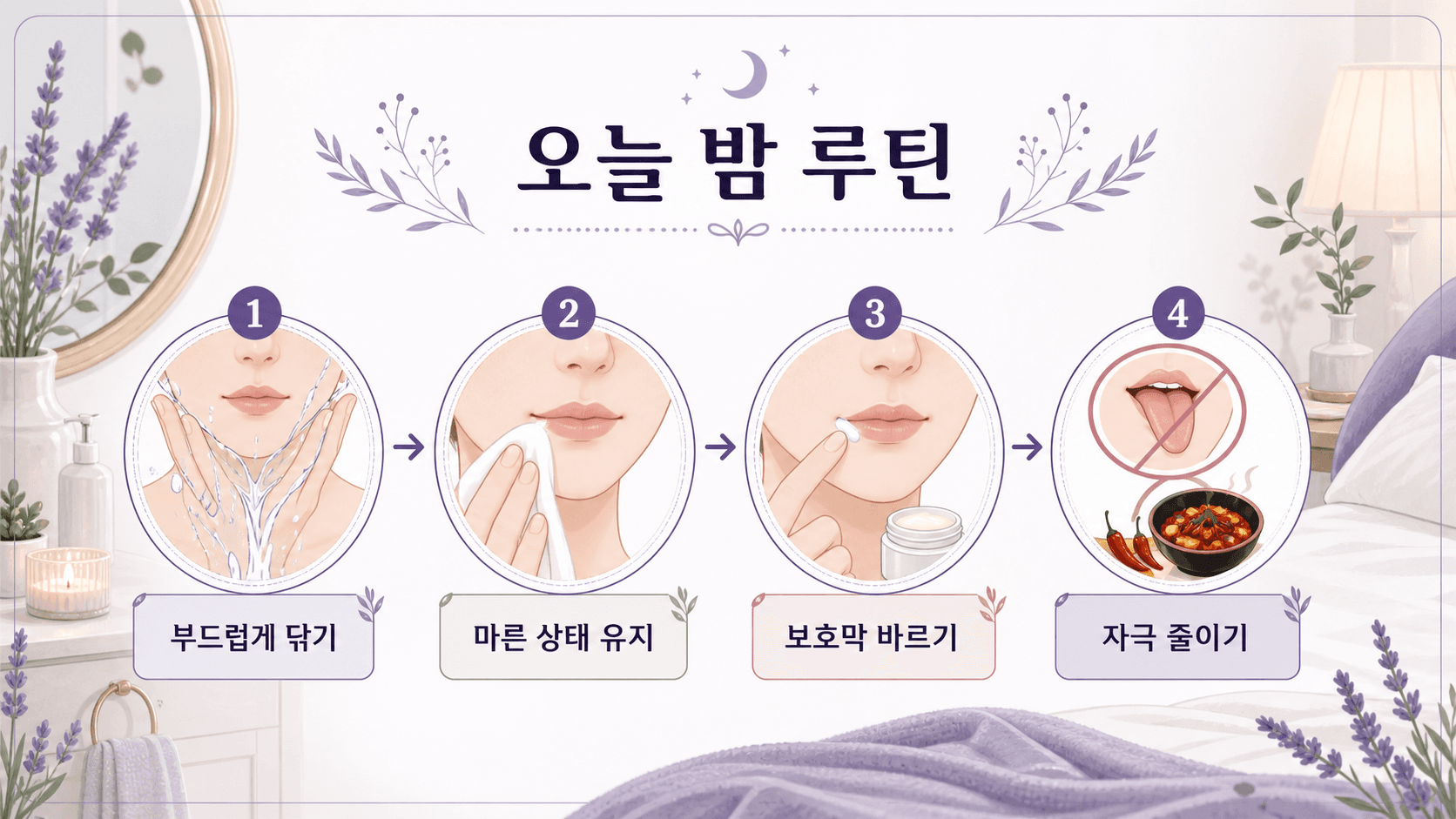 입꼬리 갈라짐 때 오늘 밤 할 일로 부드럽게 닦기, 마른 상태 유지, 보호막 바르기, 자극 줄이기를 보여주는 이미지