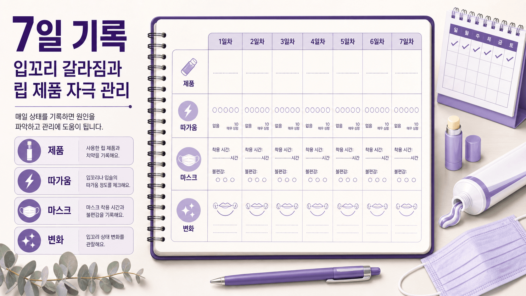 립밤을 바른 뒤 따가움, 화끈거림, 향 제품, 새 화장품을 기록하는 7일 카드 이미지