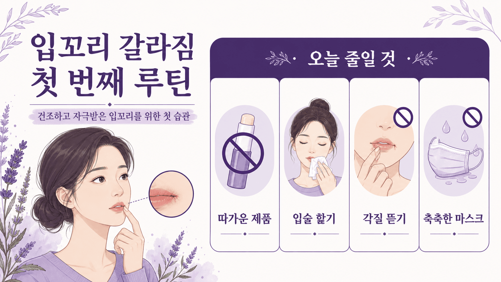 입꼬리 주변 침 고임, 마스크 습기, 입술 핥기, 식사 자극을 줄이는 작은 행동을 정리한 이미지