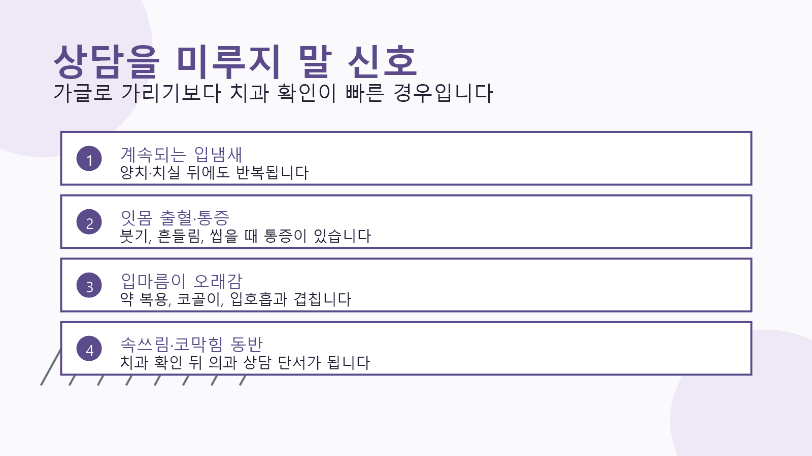 입냄새 상담 신호를 계속되는 구취, 잇몸 출혈, 입마름, 속쓰림과 코막힘으로 정리한 이미지