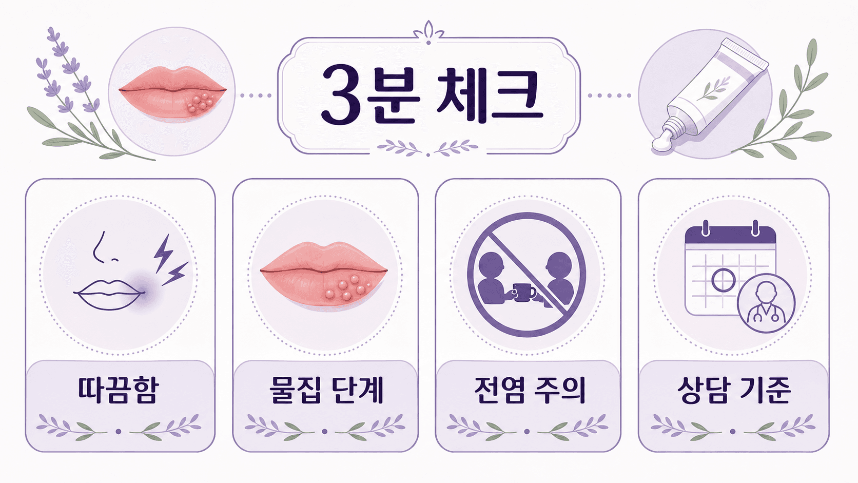 입술 물집 반복 전 3분 체크 기준을 정리한 보라색 인포그래픽