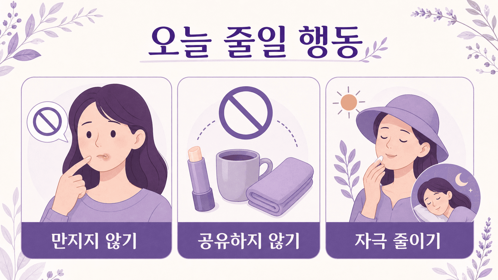 입술 물집이 있을 때 만지지 않기, 공유하지 않기, 자극 줄이기를 보여주는 이미지