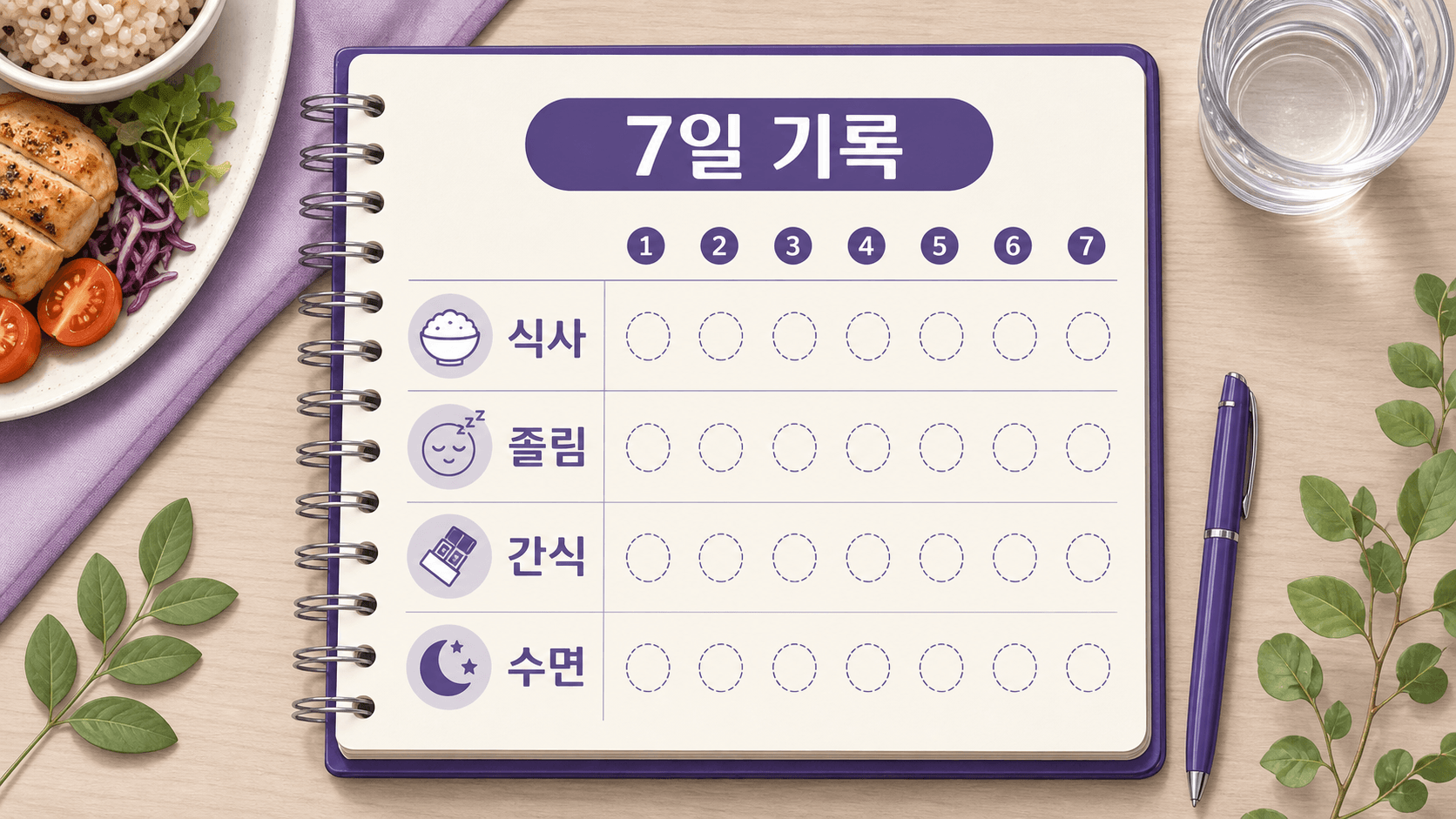 점심 후 졸림, 식사, 간식, 수면을 7일 기록하는 체크 이미지