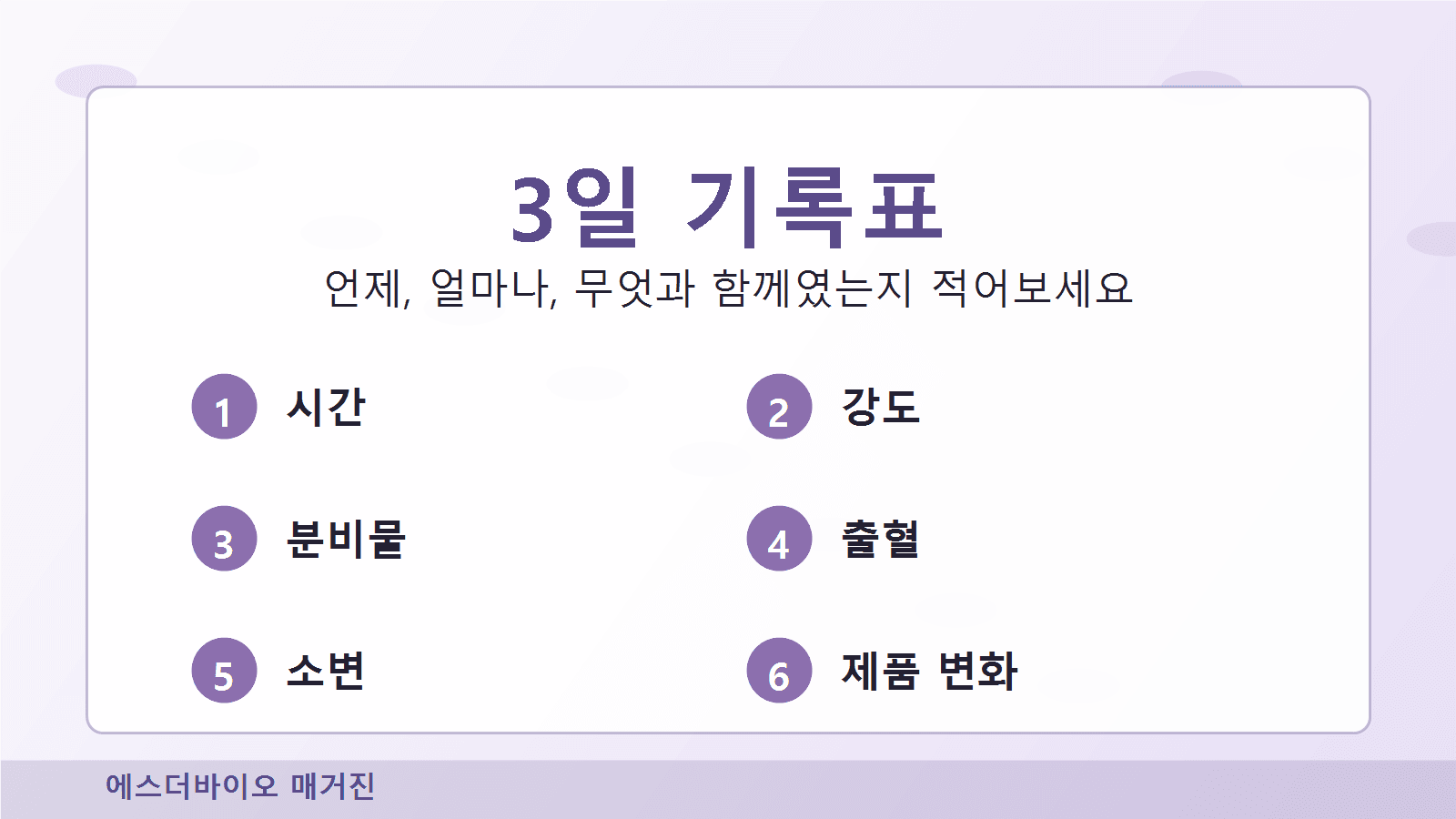 질 건조감과 따가움을 3일 동안 시간, 자극 요인, 분비물 변화, 통증, 소변 불편으로 기록하는 워크시트 이미지