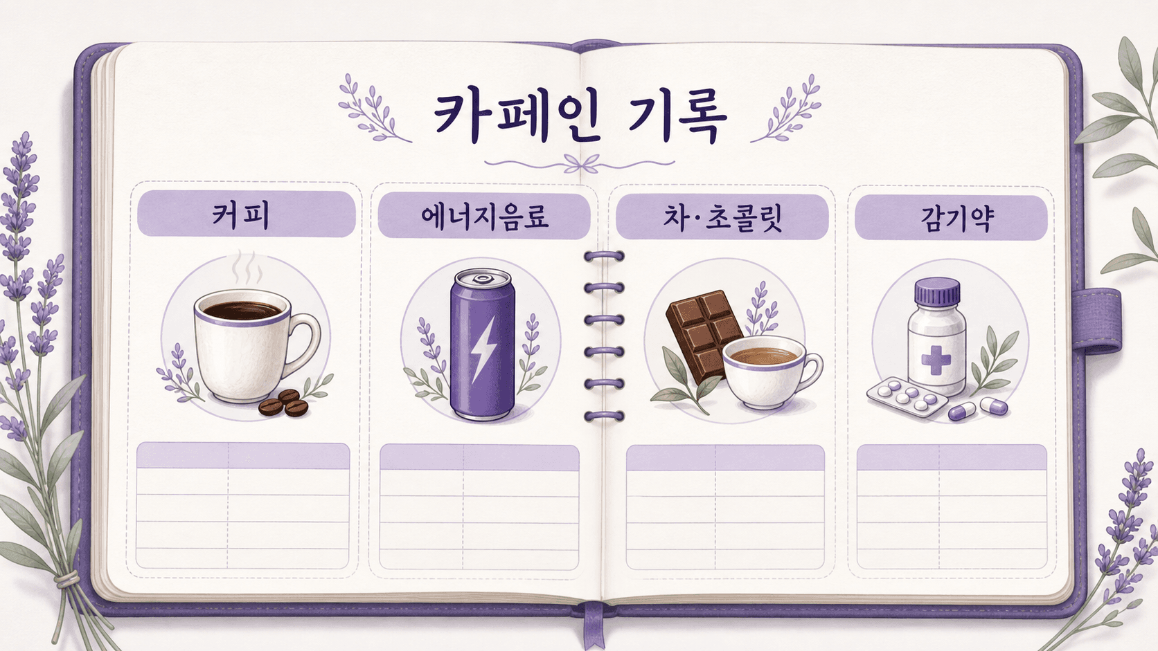 커피, 차와 초콜릿, 에너지음료, 감기약을 함께 적는 카페인 기록 이미지