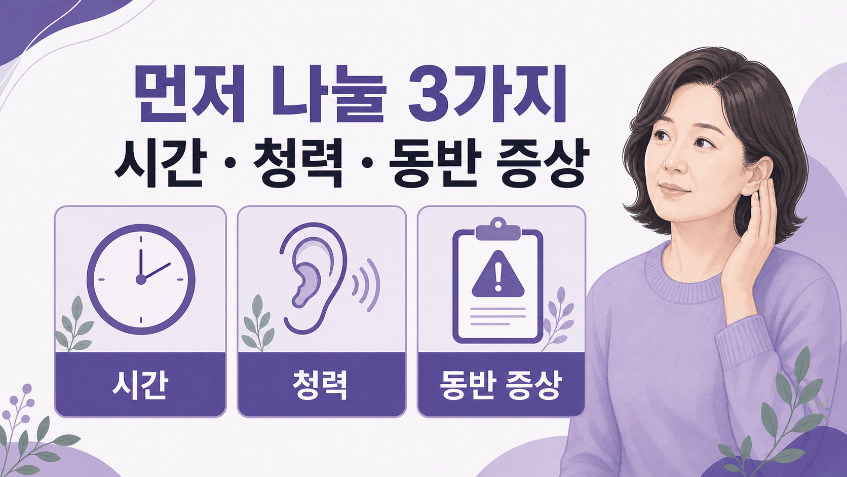큰 소리 뒤 귀울림에서 시간, 청력, 동반 증상을 나누는 이미지