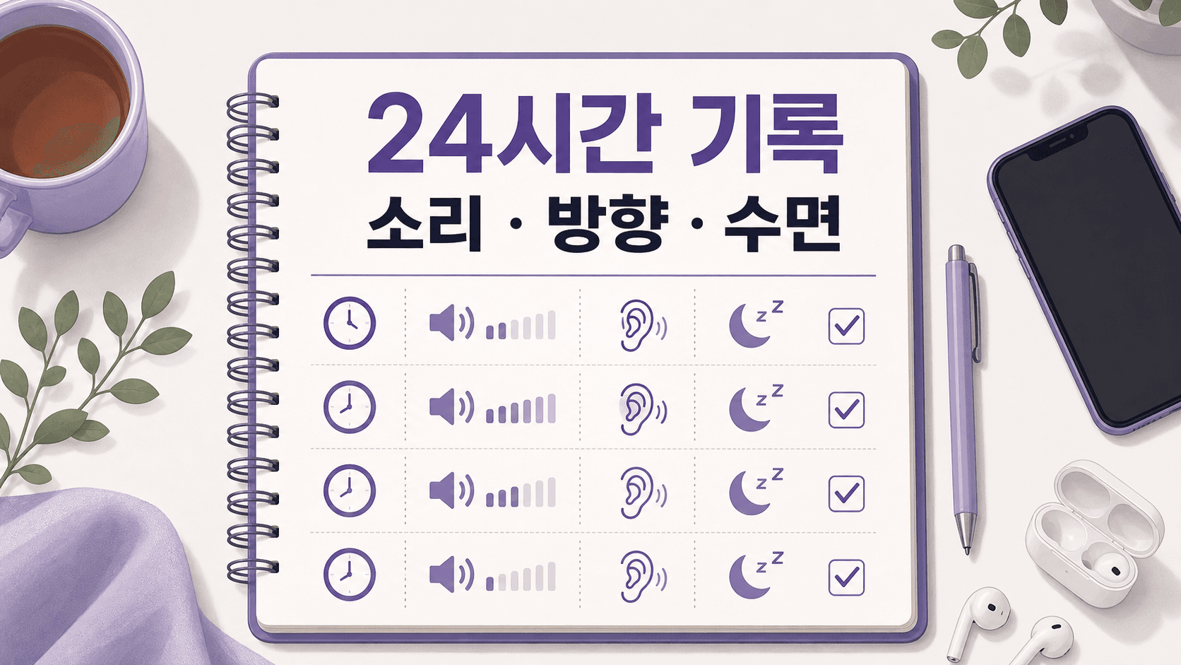 귀울림이 있을 때 24시간 동안 소리, 방향, 수면을 적는 이미지