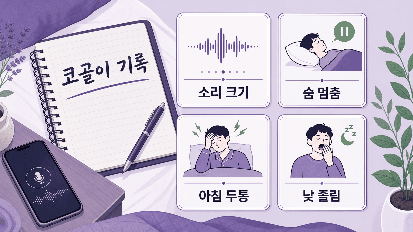 코골이 소리 크기, 숨 멈춤, 아침 두통, 낮 졸림을 기록하는 이미지