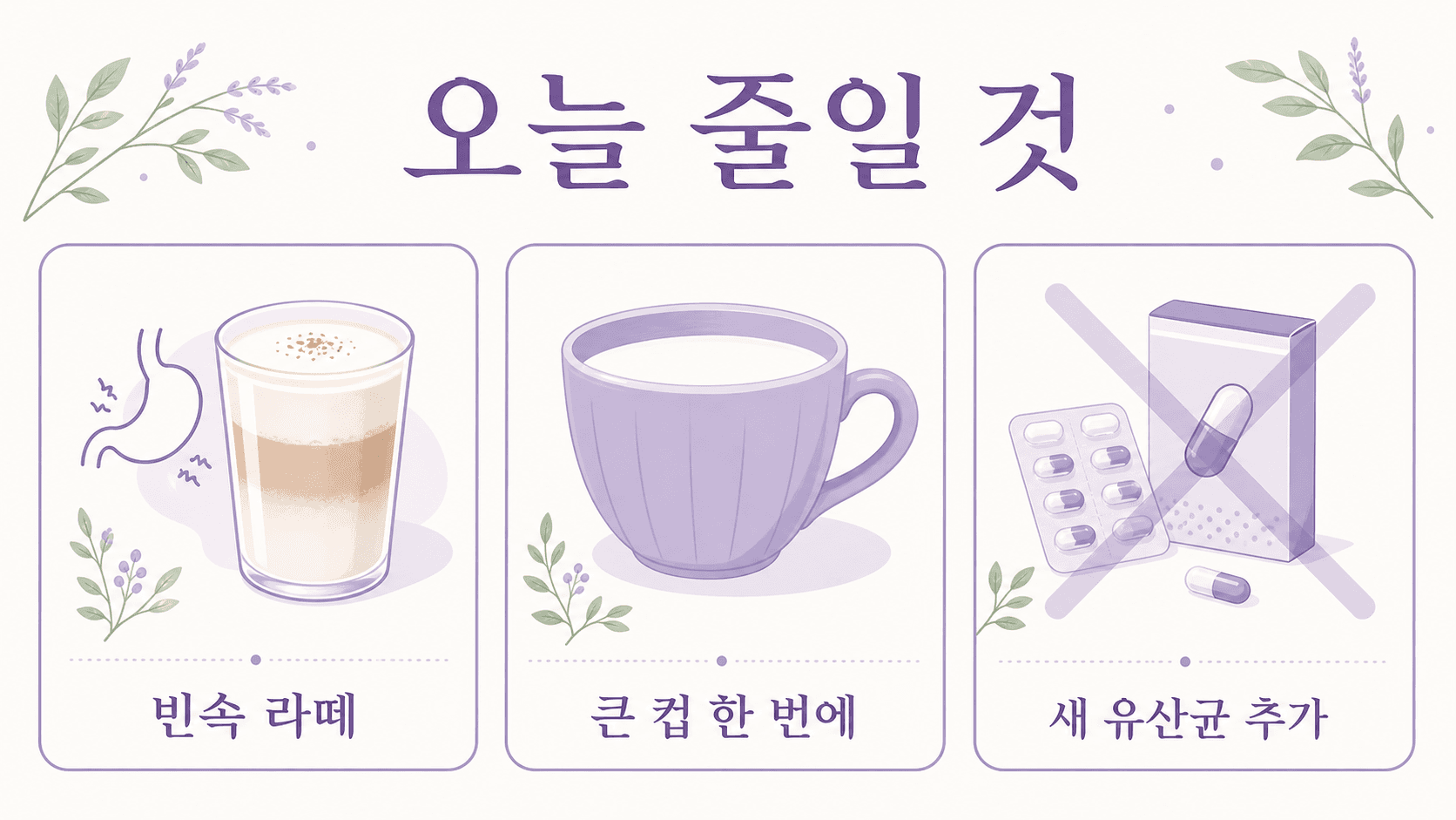 라떼 뒤 배 꾸르륵에서 빈속 라떼, 큰 컵 한 번에, 새 유산균 추가를 오늘 줄일 것으로 정리한 이미지