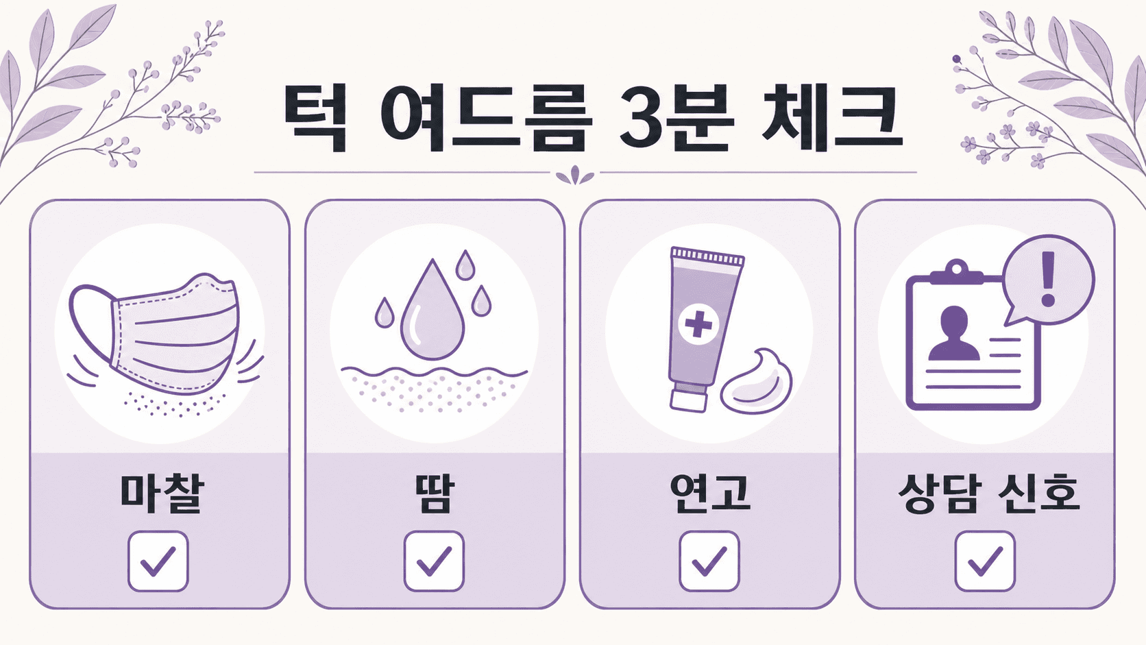 마스크 뒤 턱 여드름에서 마찰, 땀, 연고, 상담 신호를 나누는 3분 체크 이미지
