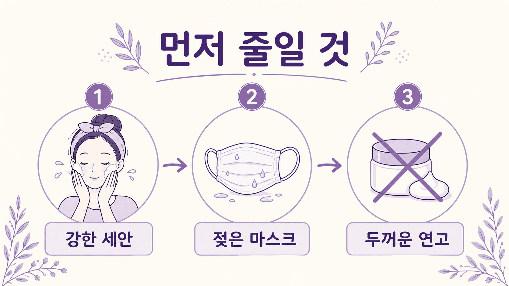 강한 세안, 젖은 마스크, 두꺼운 연고를 먼저 줄이는 이미지