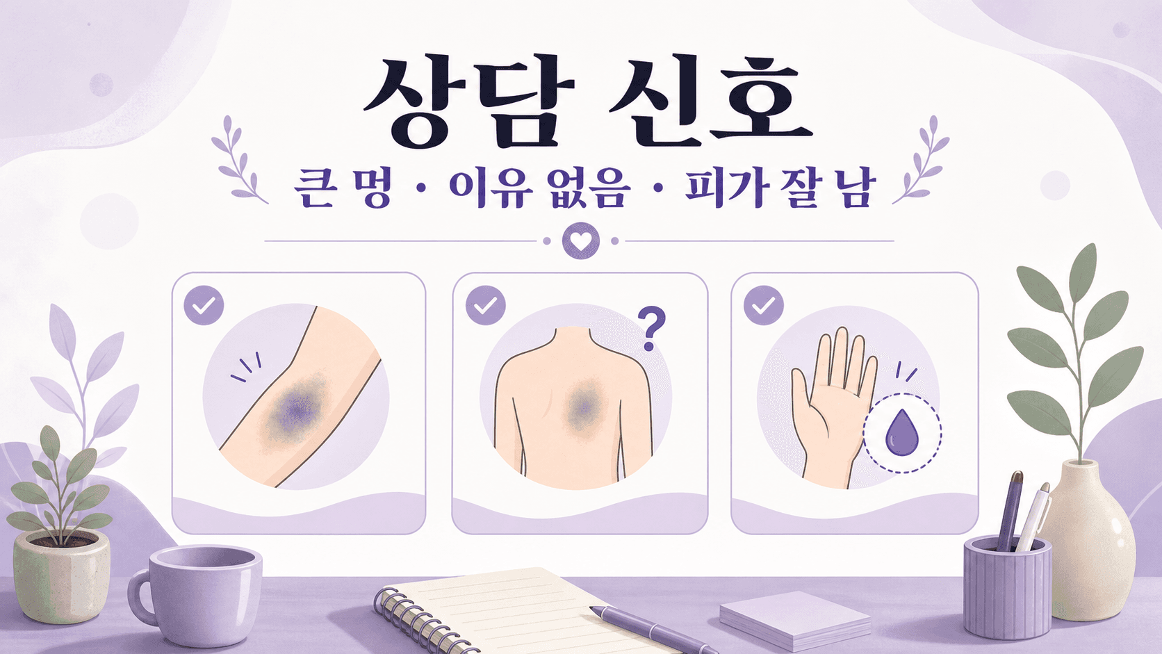 큰 멍, 이유 없는 멍, 피가 잘 남을 상담 신호로 정리한 이미지