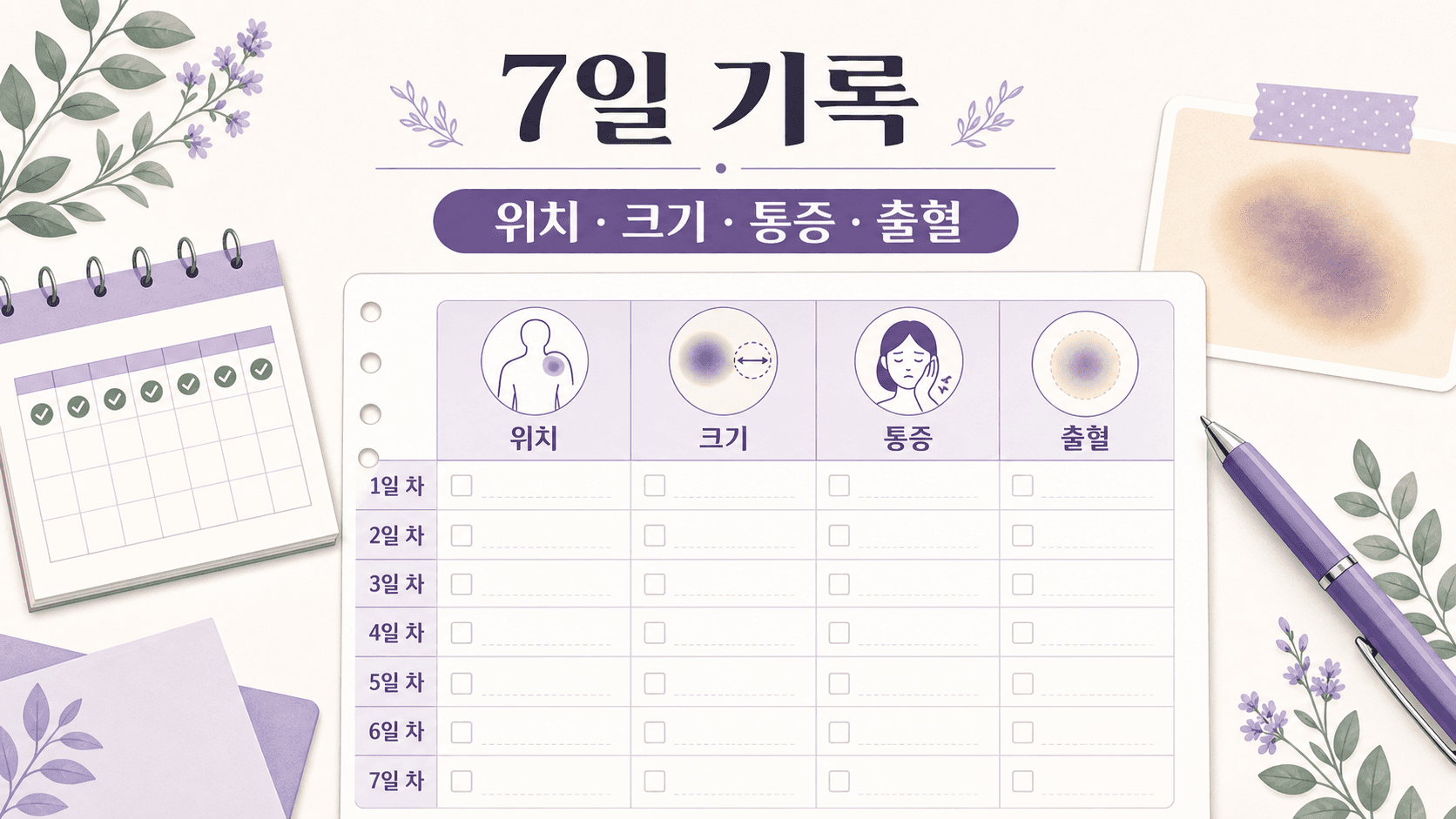 7일 동안 멍의 위치, 크기, 통증, 출혈 여부를 적는 기록표 이미지