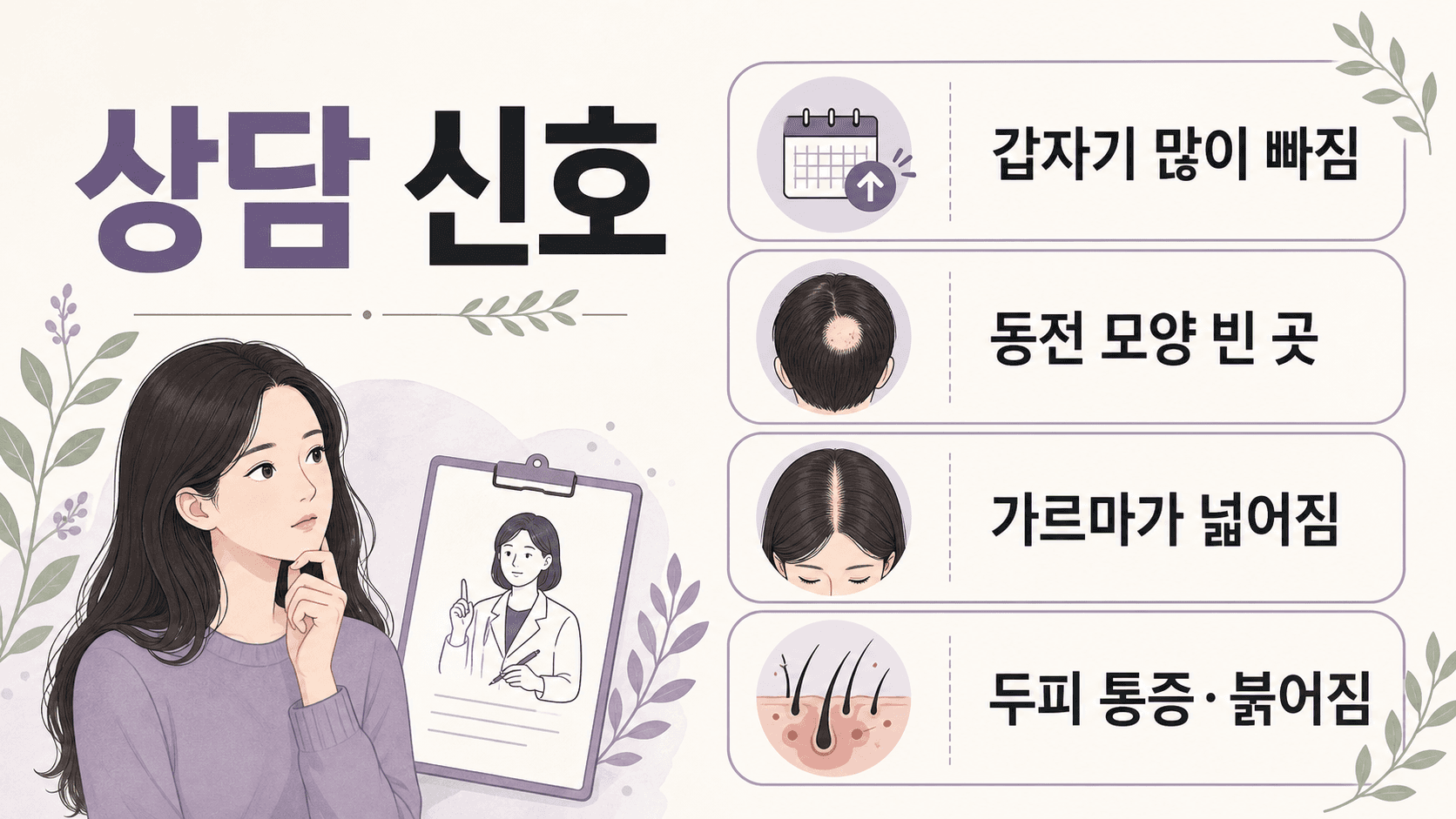 머리 빠짐에서 상담 신호인 갑자기 많이 빠짐, 동전 모양 빈 곳, 가르마 넓어짐, 두피 통증과 붉어짐을 보여주는 이미지