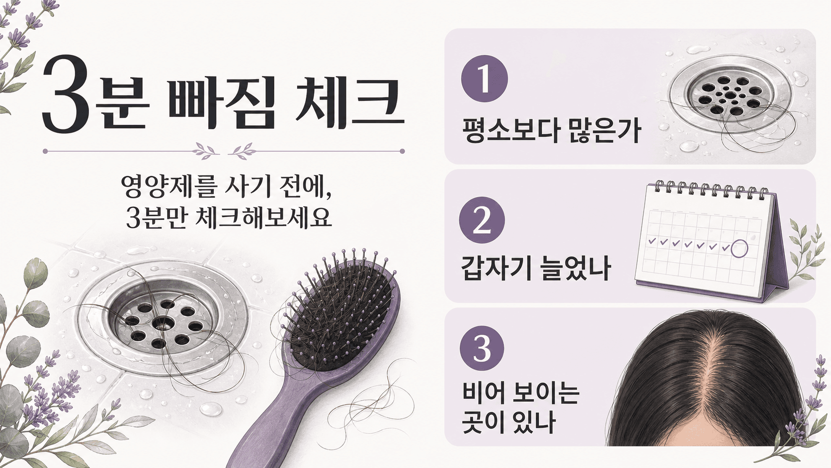 머리 감을 때 빠지는 머리카락을 영양제 전 3분 체크로 나누는 이미지