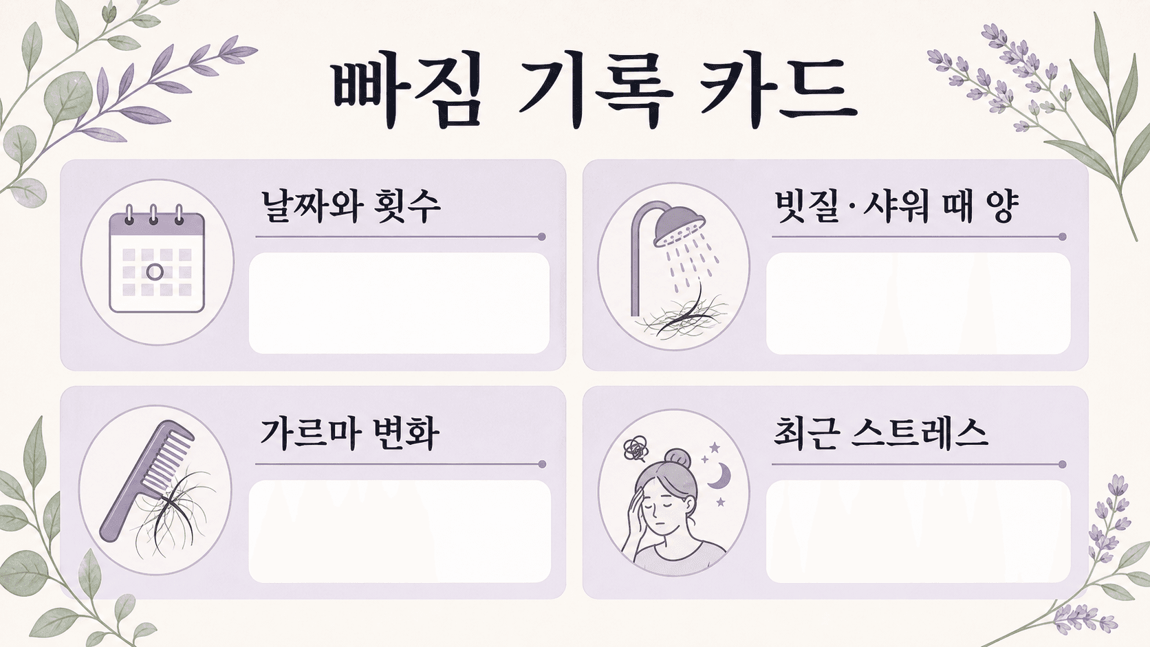 머리 빠짐 기록 카드에 날짜, 샤워와 빗질 때 양, 가르마 변화, 스트레스를 적는 이미지