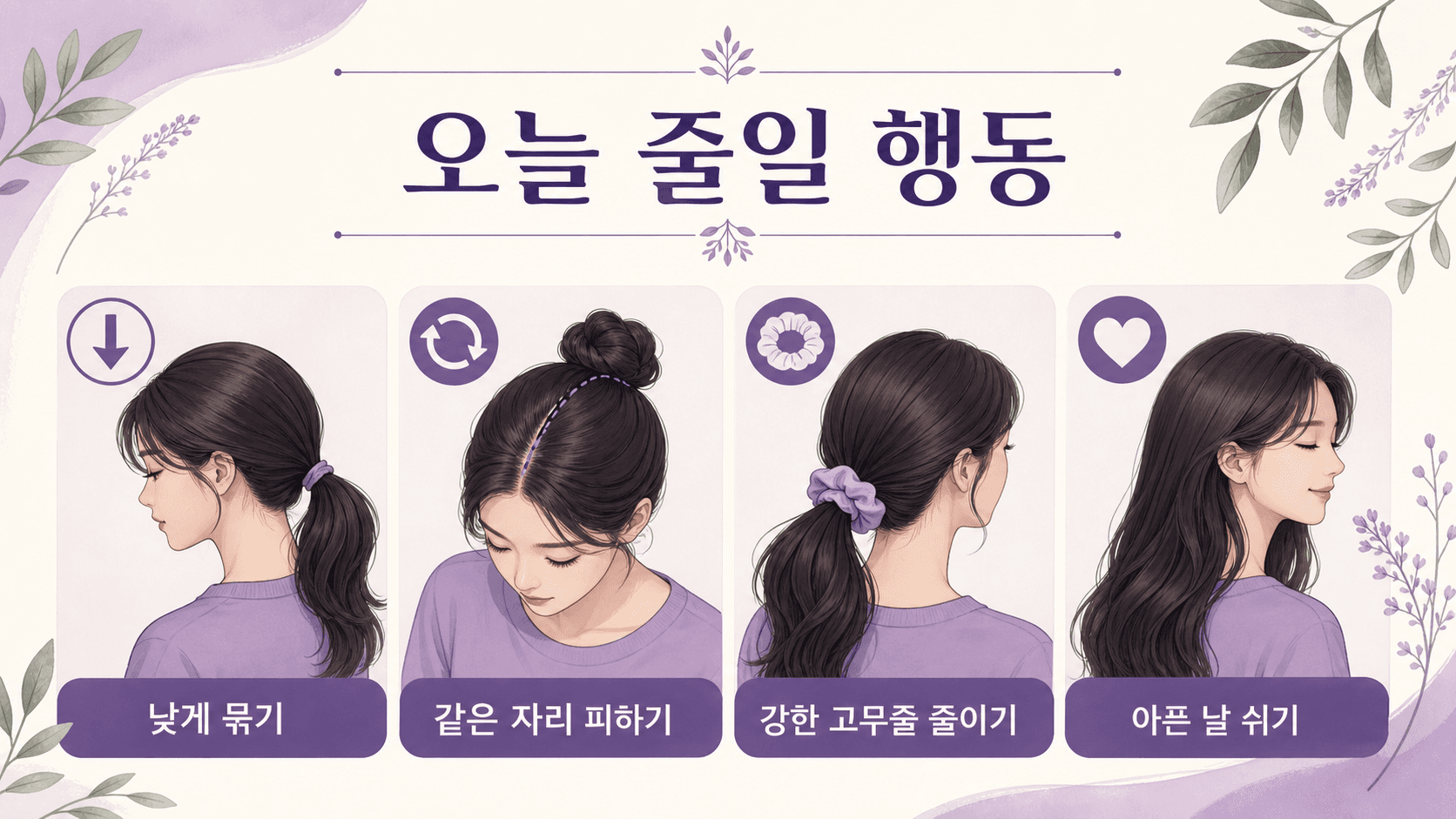 두피 통증이 있을 때 낮게 묶기, 같은 자리 피하기, 강한 고무줄 줄이기, 통증 날 쉬기를 보여주는 행동 이미지