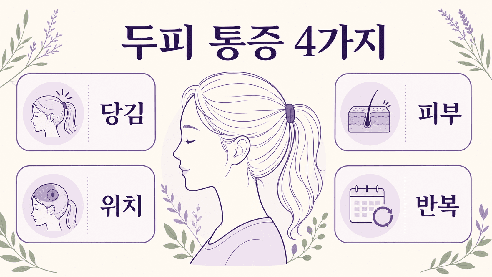 머리 묶을 때 두피 통증을 당김, 위치, 피부, 반복 4가지로 나누어 보는 기준 이미지