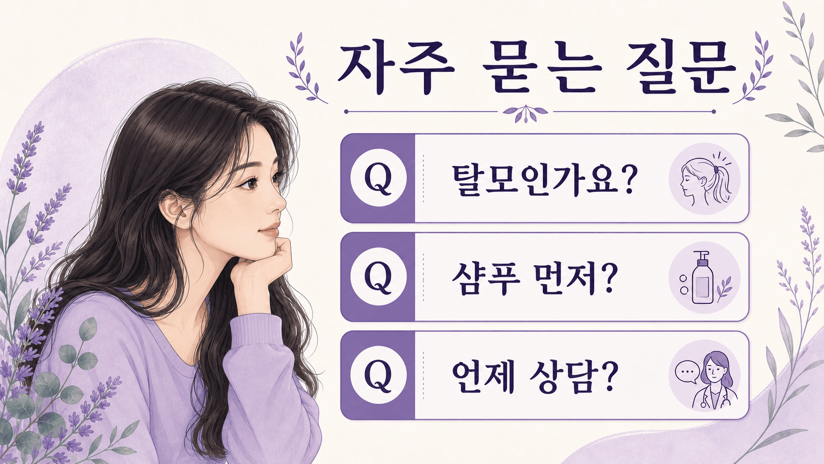 머리 묶을 때 두피 통증과 탈모샴푸, 상담 기준을 묻는 FAQ 이미지