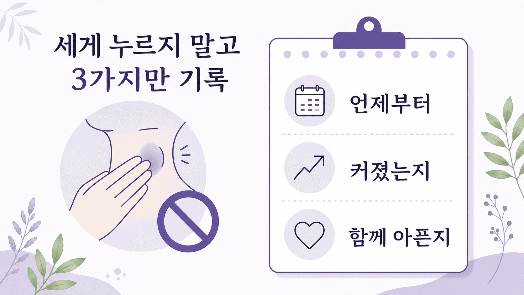 목 옆 멍울을 세게 누르지 않고 언제부터, 커졌는지, 함께 아픈지를 기록하는 이미지